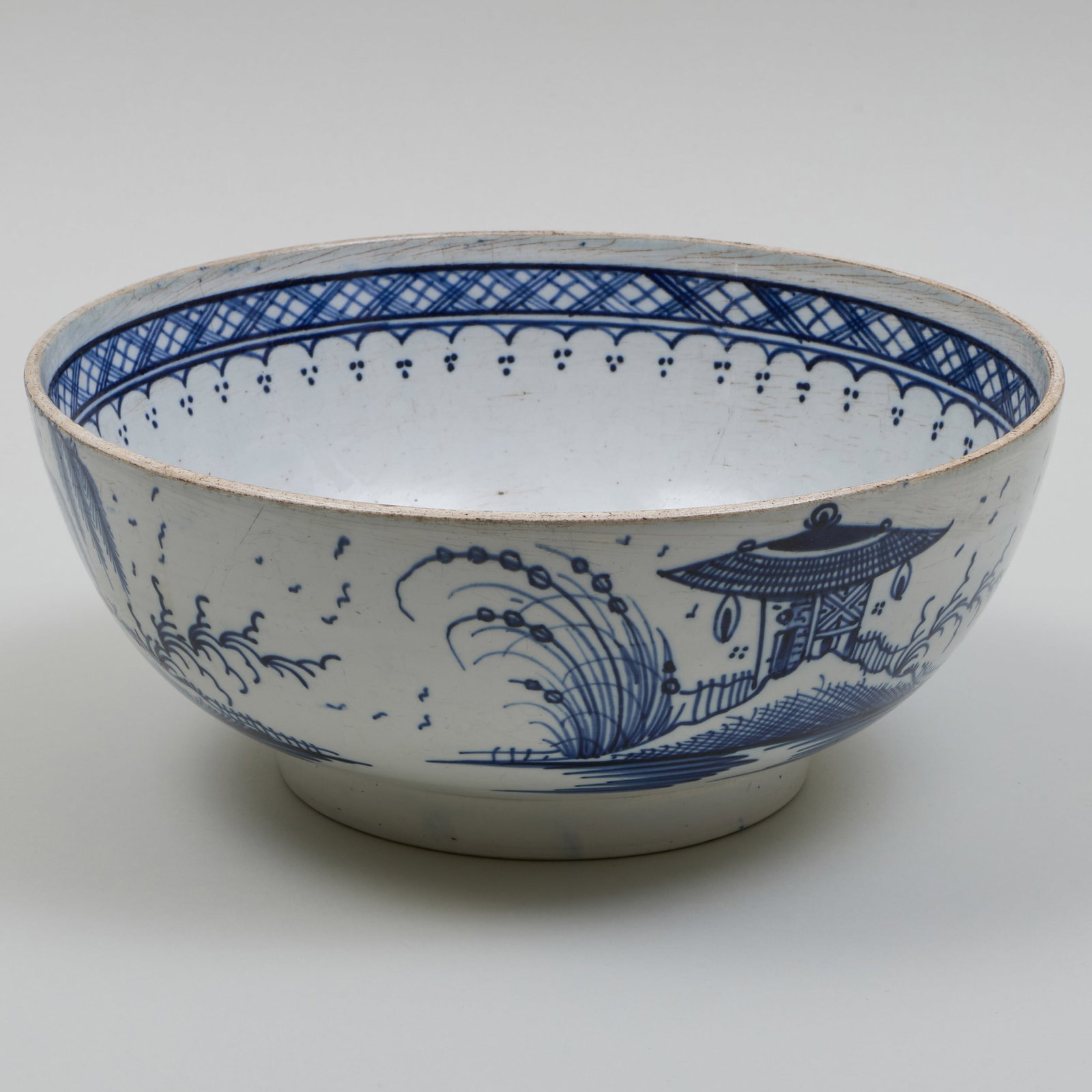 English Blue and White Pearlware Punch Bowl: English Blue and White Pearlware Punch Bowl Unmarked. 4 1/8 x 9 7/8 in. diam. The Collection of Henri Charles Veit, Lyme, CT