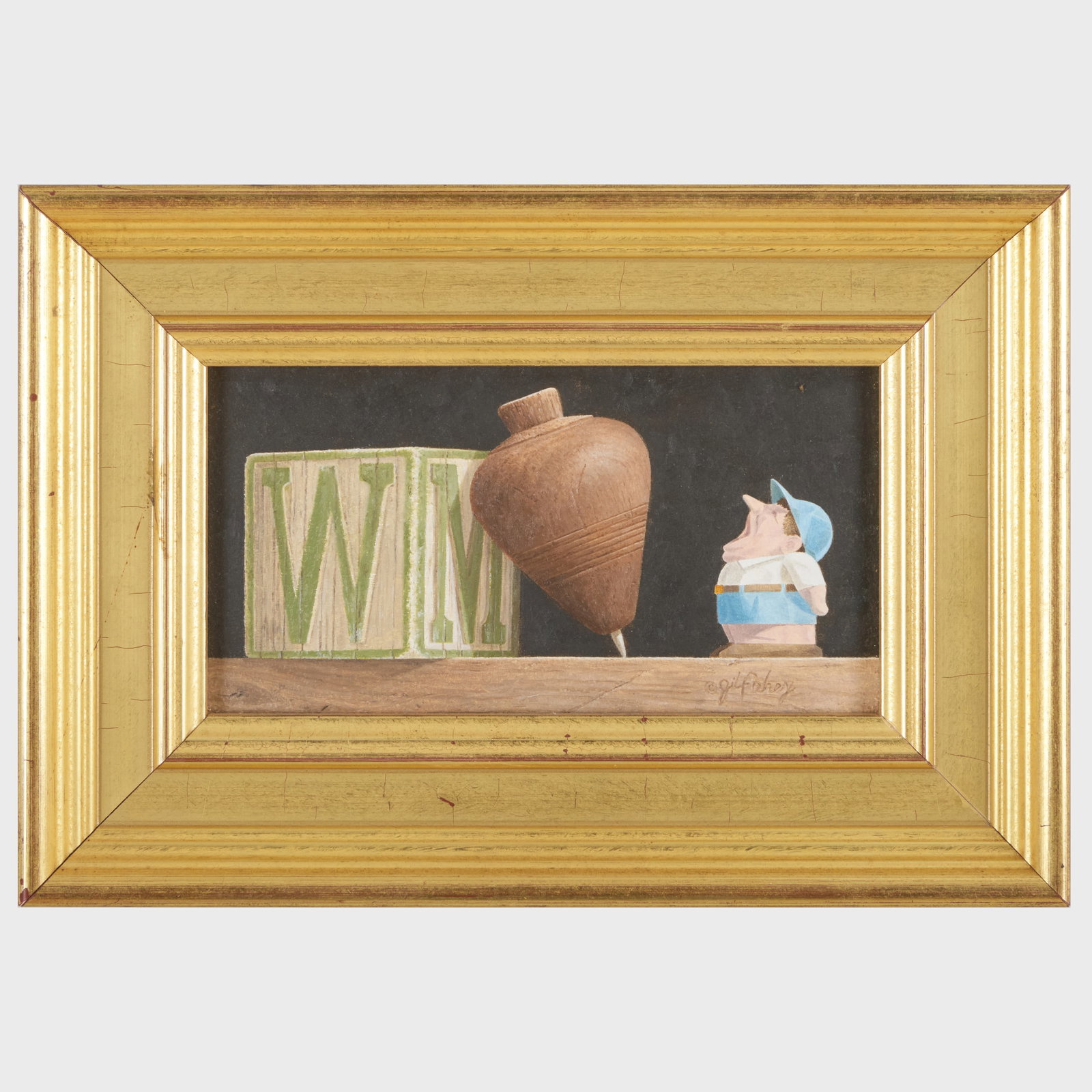 Gil Fahey (b. 1933): Playthings; and A Good Egg: Gil Fahey (b. 1933): Playthings; and A Good Egg Two oil on board, both signed 'G Fahey' lower right and signed and titled on the reverse. 5 x 9 in., 9 x 13 in. (frame), 5 x 5 in., 9 1/2 x 9 1/4 in. (f