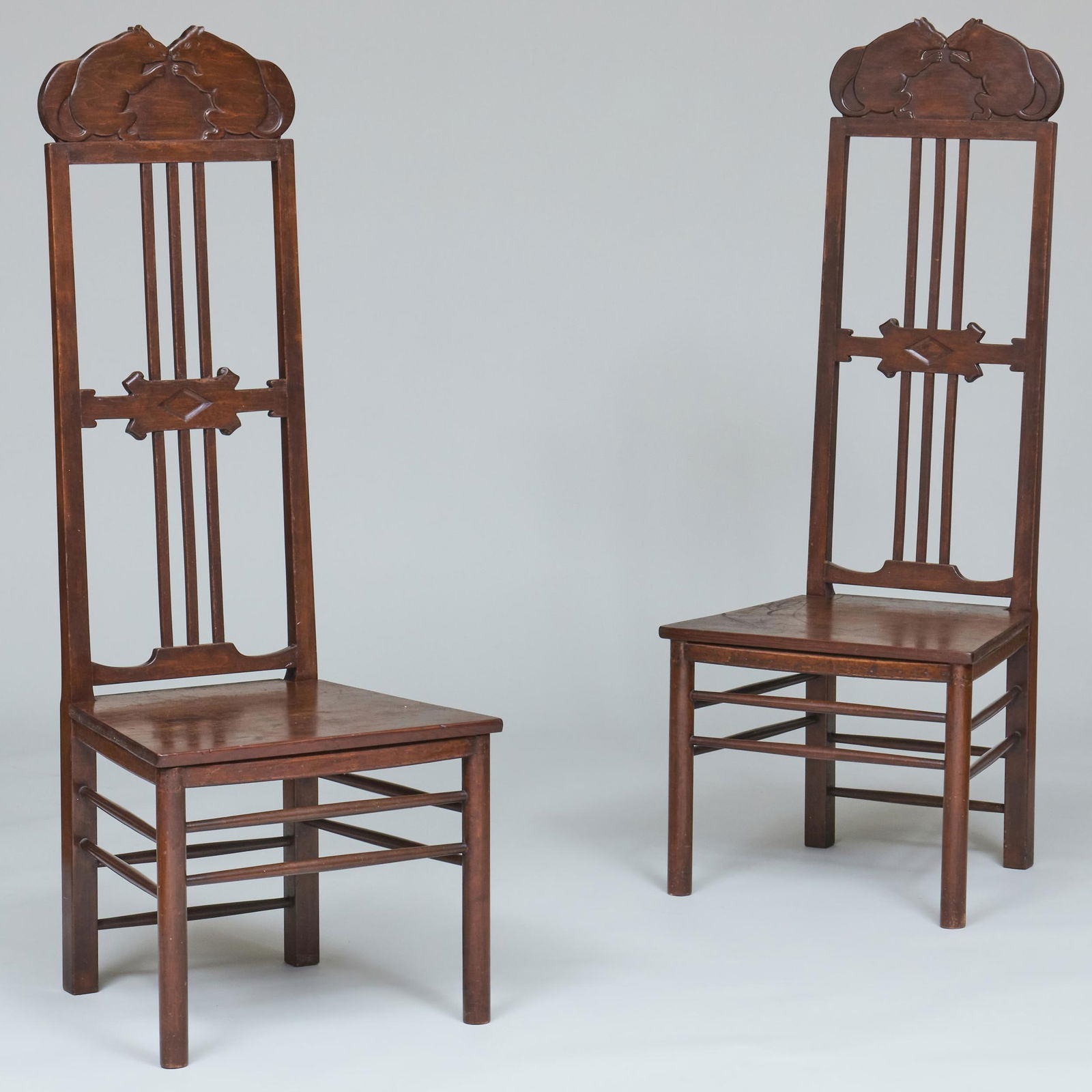Pair of American Arts and Crafts Stained Pine Tall Back Hall Chairs, attributed to Charles Rohlfs (1 of 10)