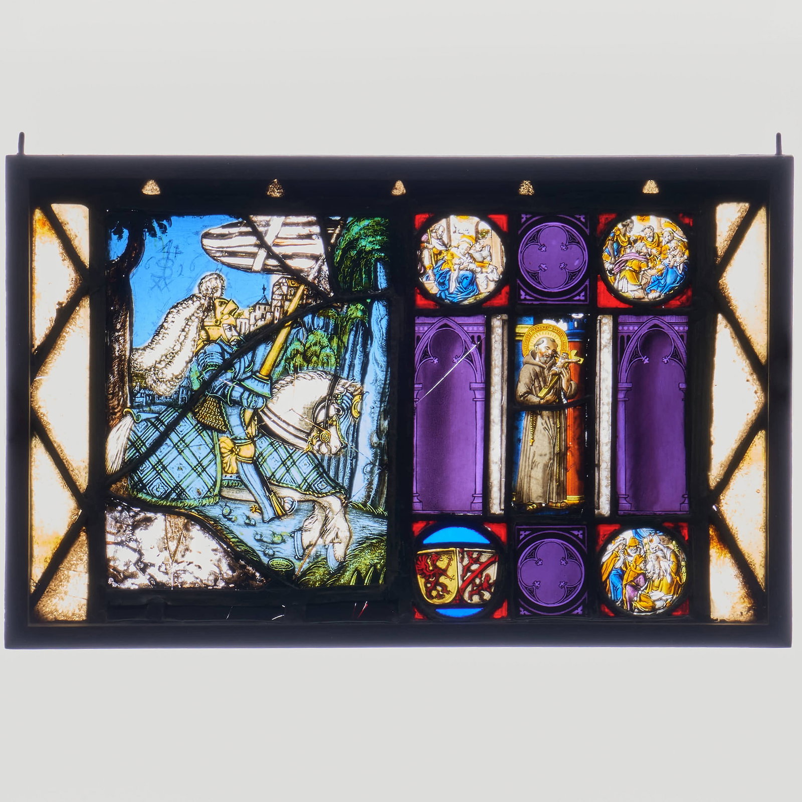 Renaissance Style Stained Glass Panel: Renaissance Style Stained Glass Panel 11 1/2 x 18 1/2 in. (frame). The Collection of Henri Charles Veit, Lyme, CT