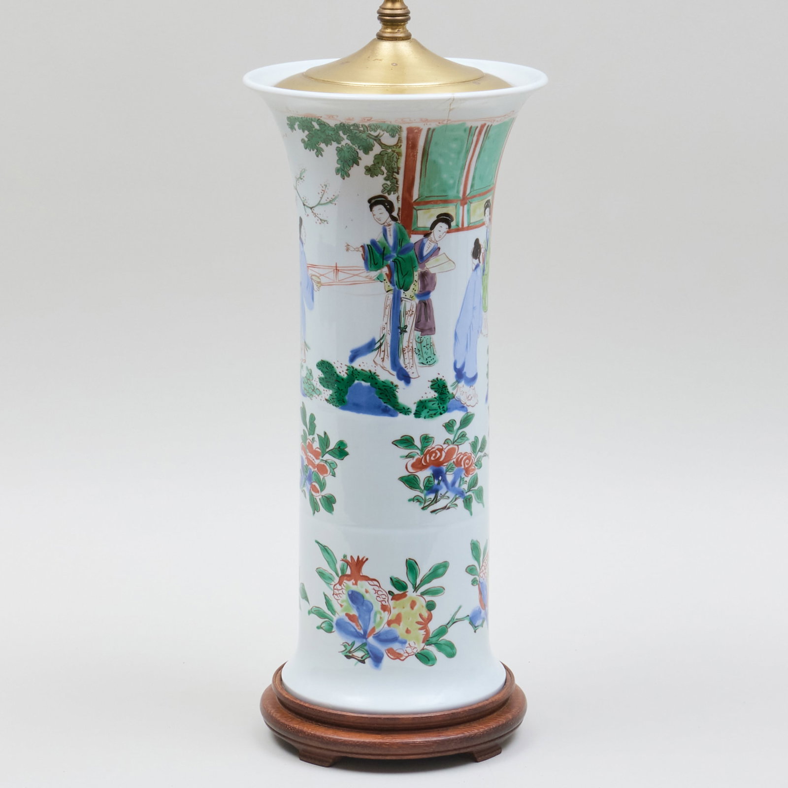 Chinese Wucai Porcelain Vase Mounted as a Lamp: Chinese Wucai Porcelain Vase Mounted as a Lamp The vase 15 3/4 x 7 1/2 in. diam., 23 x 7 1/2 in. diam. (to socket). The Collection of Henri Charles Veit, Lyme, CT