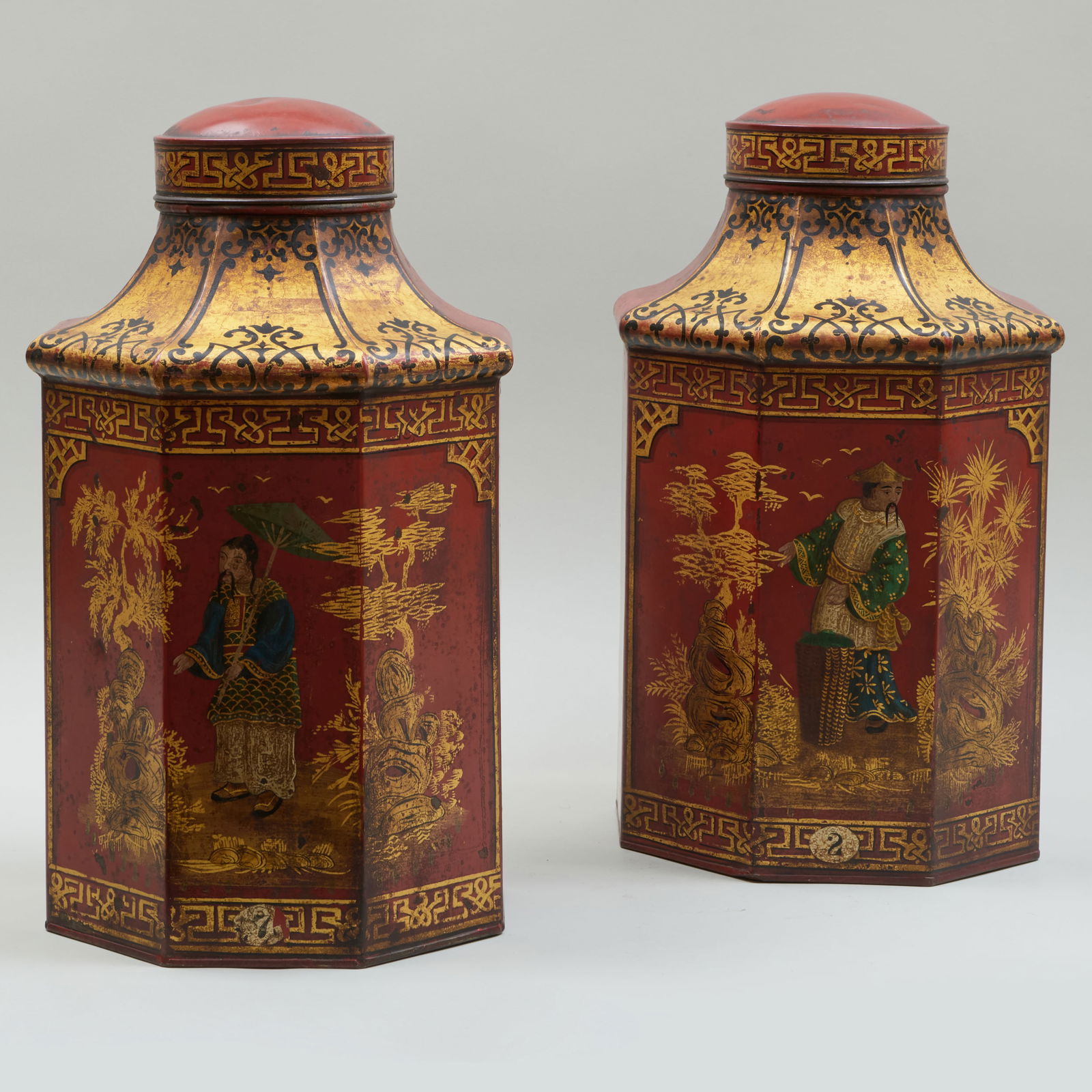Pair of English Chinoiserie Decorated Red Tole Tea Canisters (1 of 9)