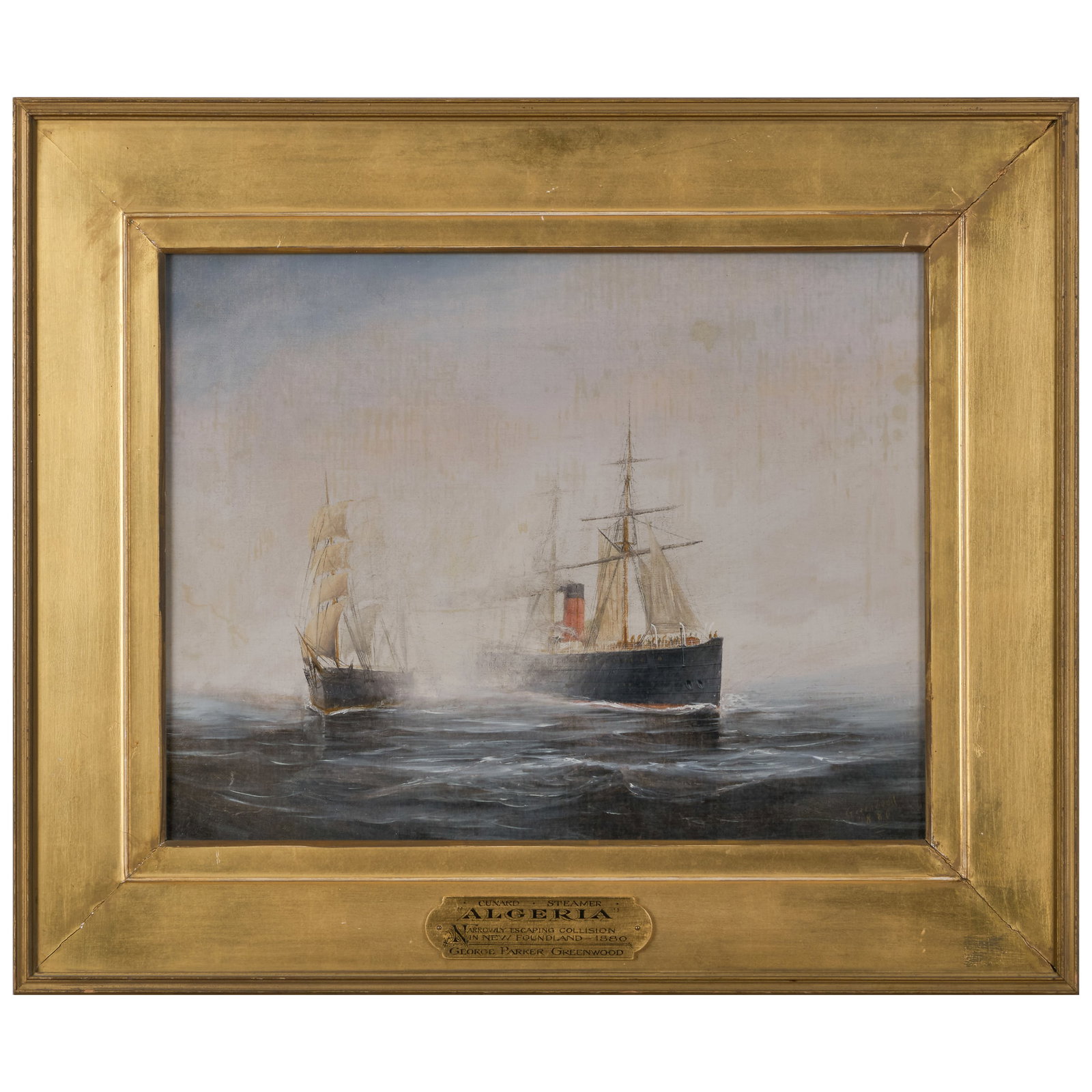 George Parker Greenwood (1850-1904): Cunard Steamer "Algeria": George Parker Greenwood (1850-1904): Cunard Steamer "Algeria" Oil on canvas, 1880, signed 'Greenwood' and dated lower right, lined. 14 x 18 in., 19 7/8 x 23 3/8 in. (frame). From a Watch Hill, RI Coll