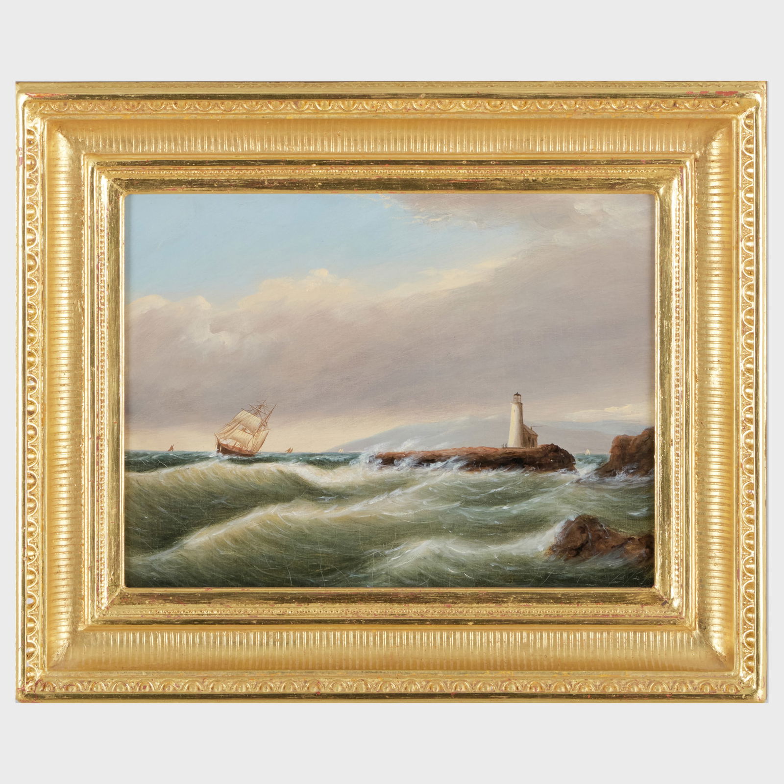 Clement Drew (1806-1889): Mount Desert Light: Clement Drew (1806-1889): Mount Desert Light Oil on canvas, 1879, titled, dated and inscribed 'by C. Drew' on the reverse. 8 7/8 x 11 7/8 in., 13 3/8 x 16 3/8 in. (frame). By repute, Marine Arts, Sale