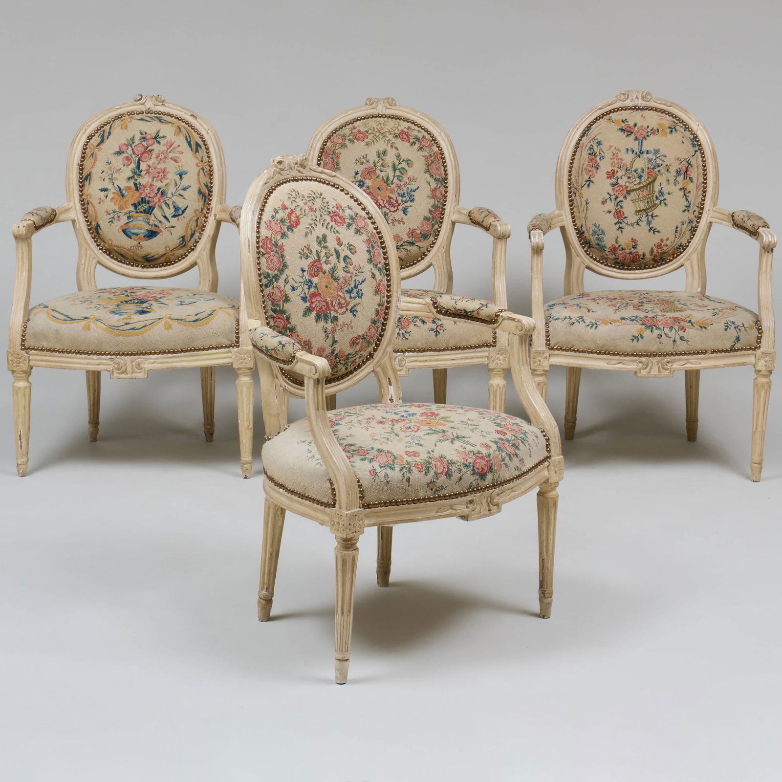 Set of Four Louis XVI Cream Painted Fauteuils a la Reine (1 of 9)
