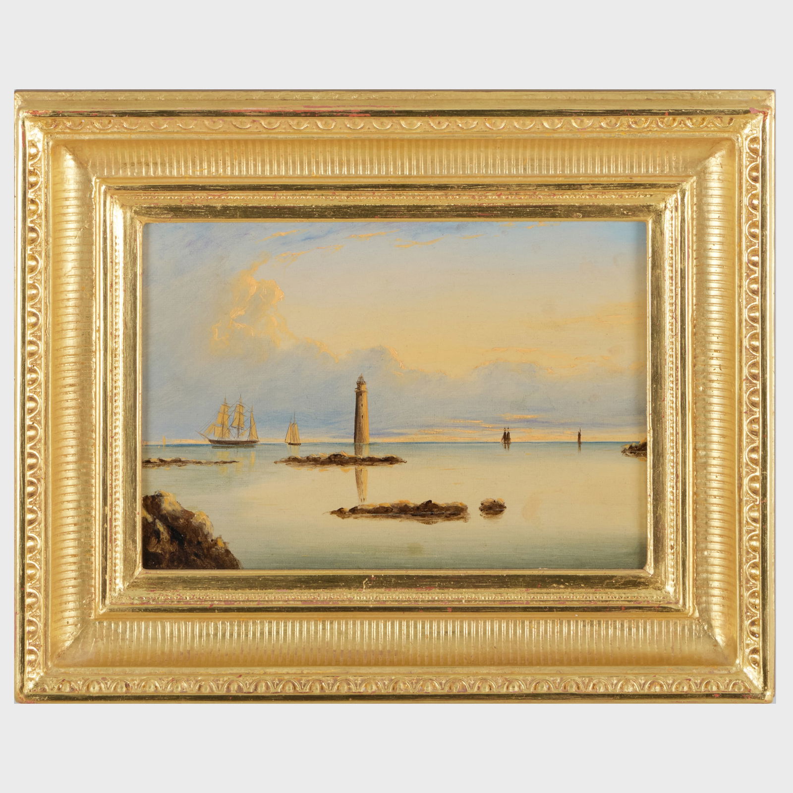 Clement Drew (1806-1889): Minots Ledge Light Morning: Clement Drew (1806-1889): Minots Ledge Light Morning Oil on canvas, 1877, titled, dated and inscribed 'by C. Drew' on the reverse. 7 x 10 in., 11 1/4 x 14 3/8 in. (frame).