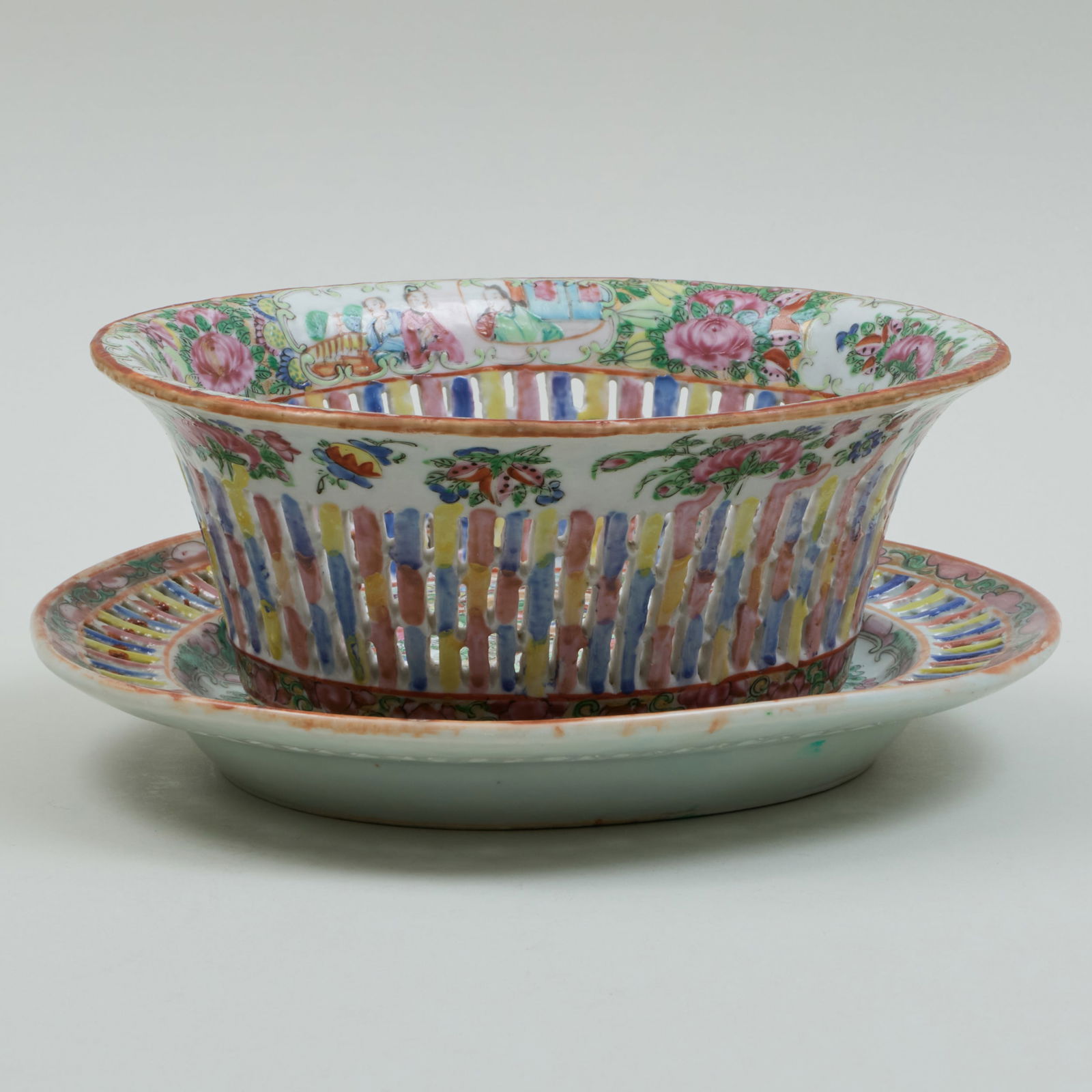 Chinese Export Rose Medallion Porcelain Reticulated Chestnut Basket and Stand (1 of 11)