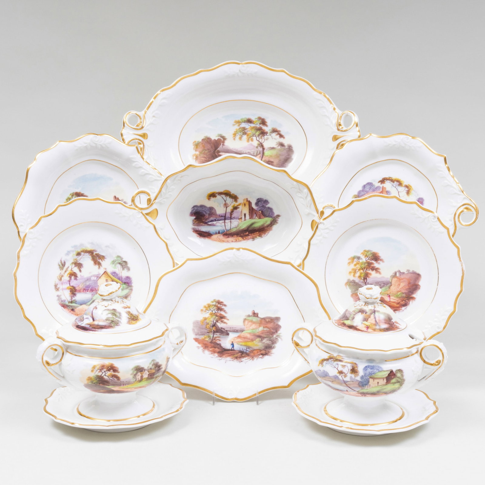 Ridgway Porcelain Dessert Service: Ridgway Porcelain Dessert Service Unmarked. Comprising: Ten plates A compote Two sauce tureens and covers on fixed stands Two serving bowls Two shaped dishes Four shaped serving dishes The plat