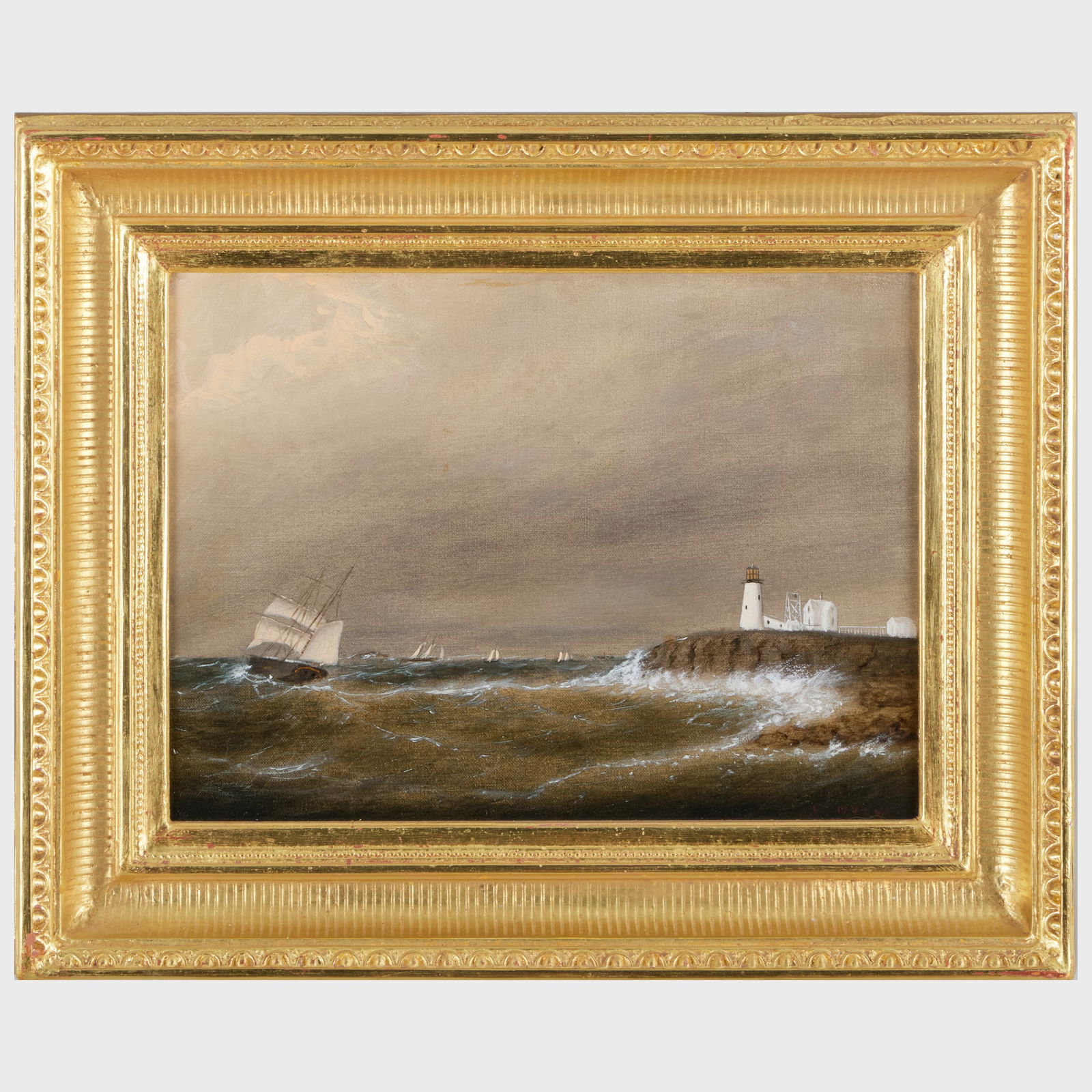 Clement Drew (1806-1889): Eastern Point Light, Gloucester Harbor: Clement Drew (1806-1889): Eastern Point Light, Gloucester Harbor Oil on canvas, signed 'C. Drew' lower right, lined. 9 x 12 in., 13 3/8 x 16 3/8 in. (frame).