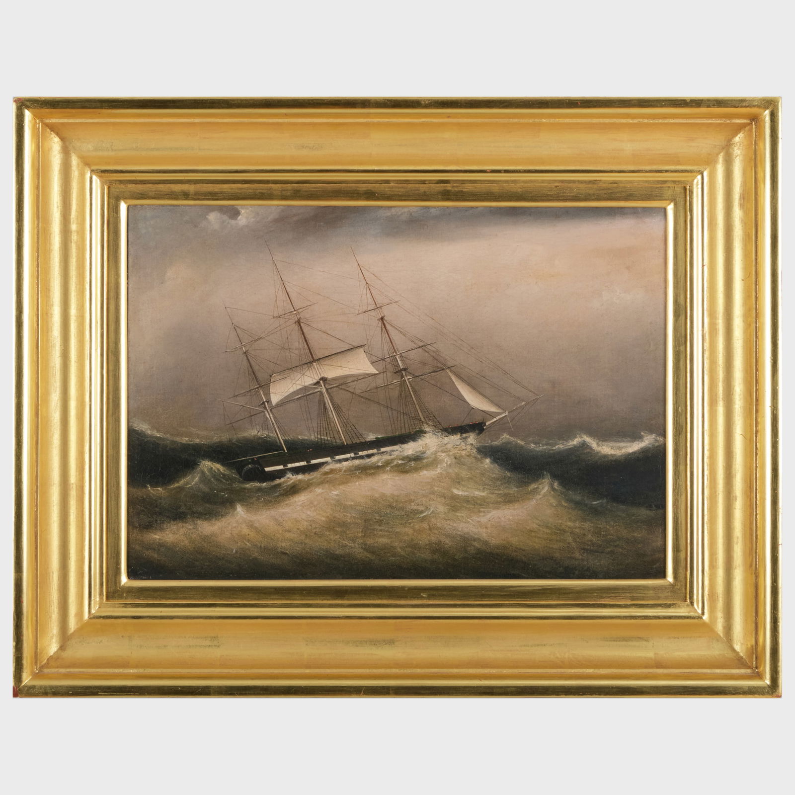 Clement Drew (1806-1889): Ship in a Storm: Clement Drew (1806-1889): Ship in a Storm Oil on canvas, unsigned, lined. 14 x 20 in., 21 1/2 x 27 1/2 in. (frame). Marine Arts, Salem, MA.