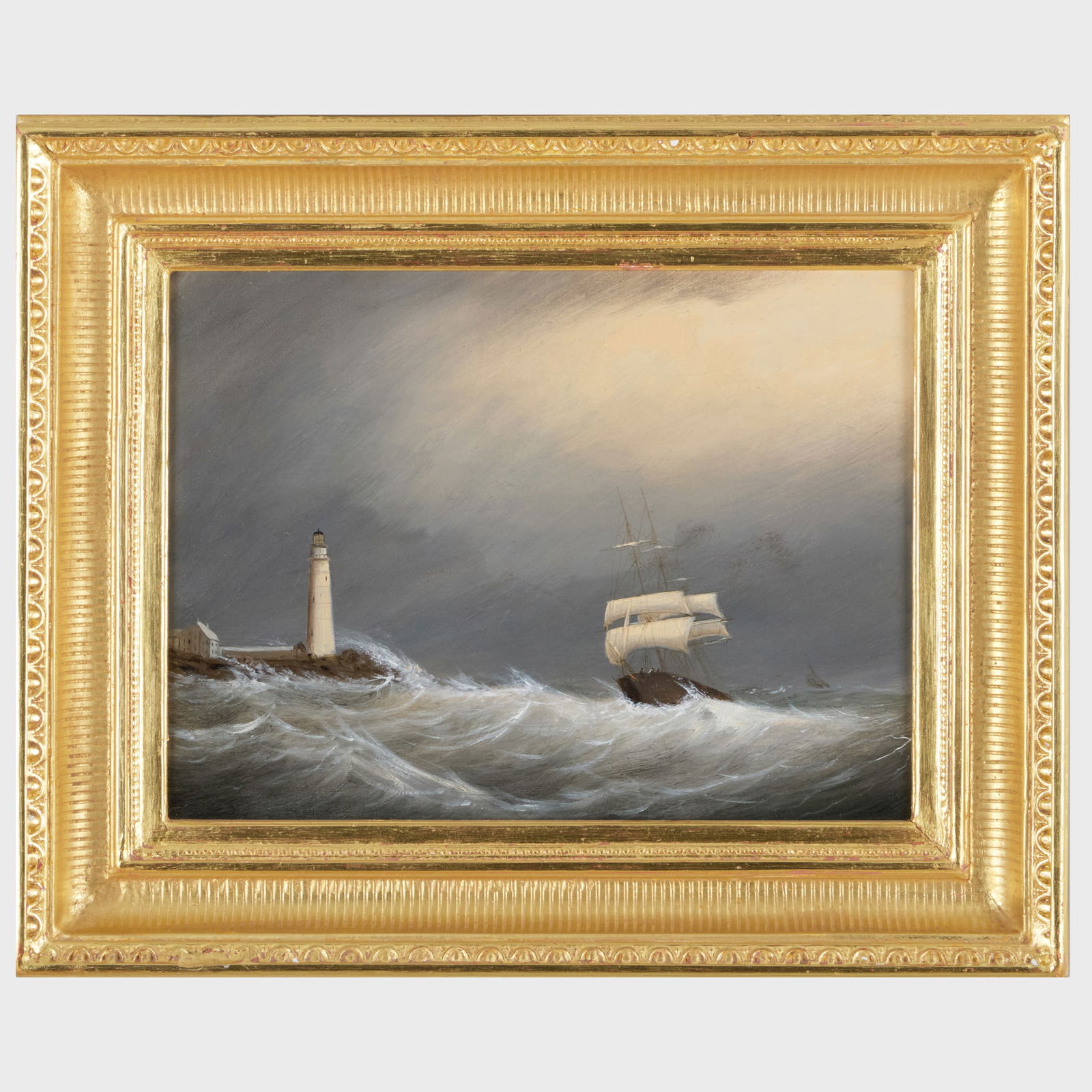 Clement Drew (1806-1889): Boston Light: Clement Drew (1806-1889): Boston Light Oil on canvas, 1880, titled, dated and inscribed 'by C. Drew' on the reverse. 9 x 12 in., 13 1/4 x 16 1/4 in. (frame).
