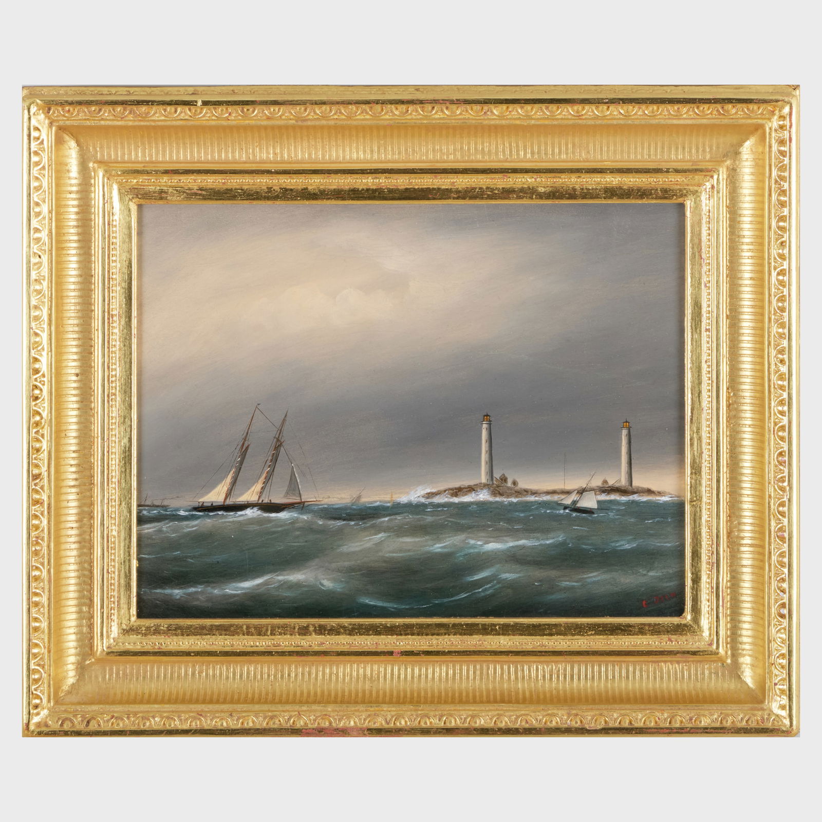 Clement Drew (1806-1889): Thacher Island Lights, Cape Ann: Clement Drew (1806-1889): Thacher Island Lights, Cape Ann Oil on paperboard, 1884, signed 'C. Drew' lower right, titled, dated and inscribed 'by C. Drew' on the reverse. 9 1/8 x 12 1/8 in., 13 3/8 x 1