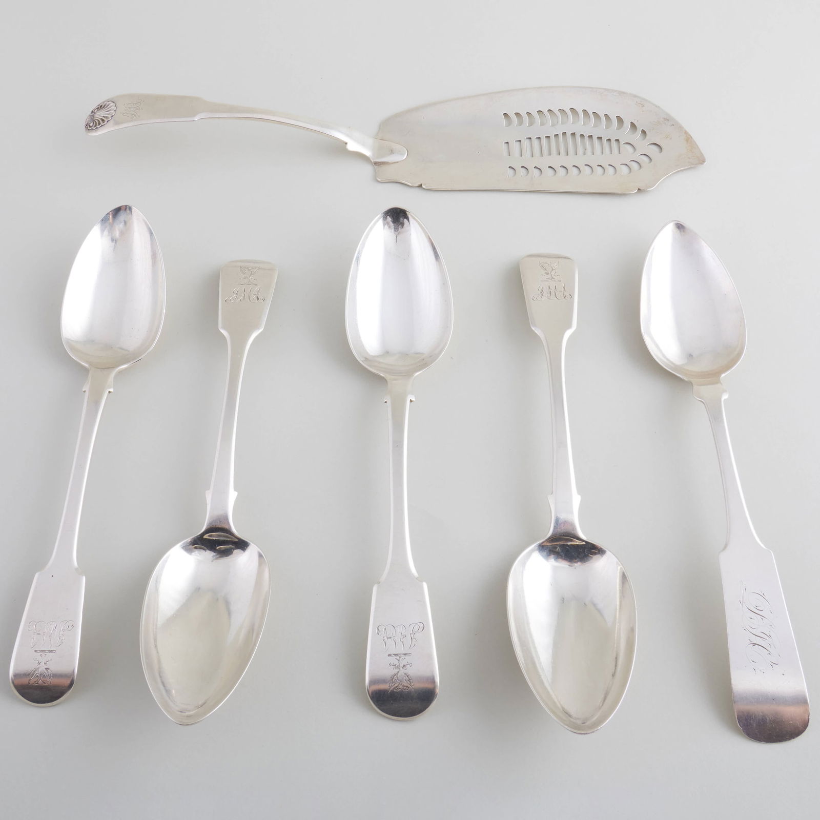 Group of Four George IV Silver Serving Spoons and an American Coin Silver Fish Slice (1 of 9)