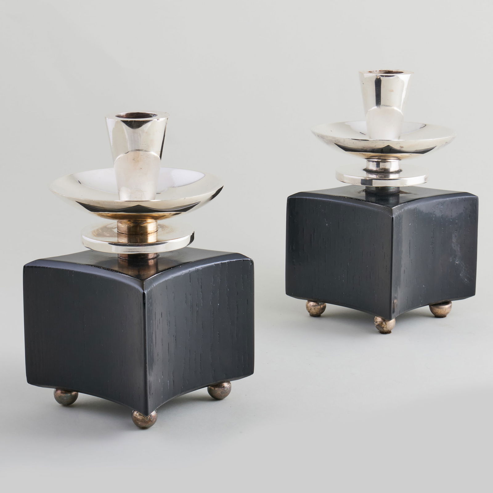 Pair of Silver Plate and Ebonized Wood Candlesticks, Possibly Russel Wright: Pair of Silver Plate and Ebonized Wood Candlesticks, Possibly Russel Wright 9 x 5 x 5 in. High Style Deco, NY, 2006.