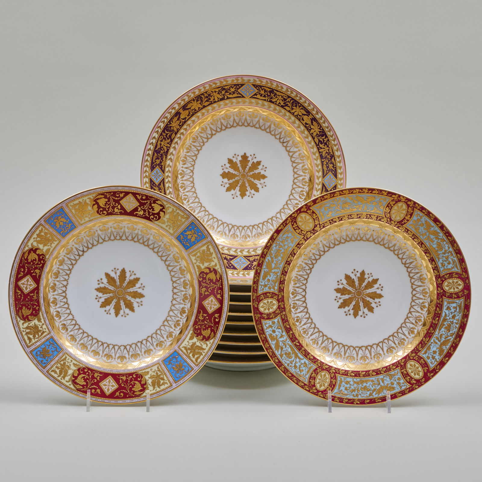 Assembled Set of Twelve Vienna Gilt Decorated Porcelain Dinner Plates (1 of 18)