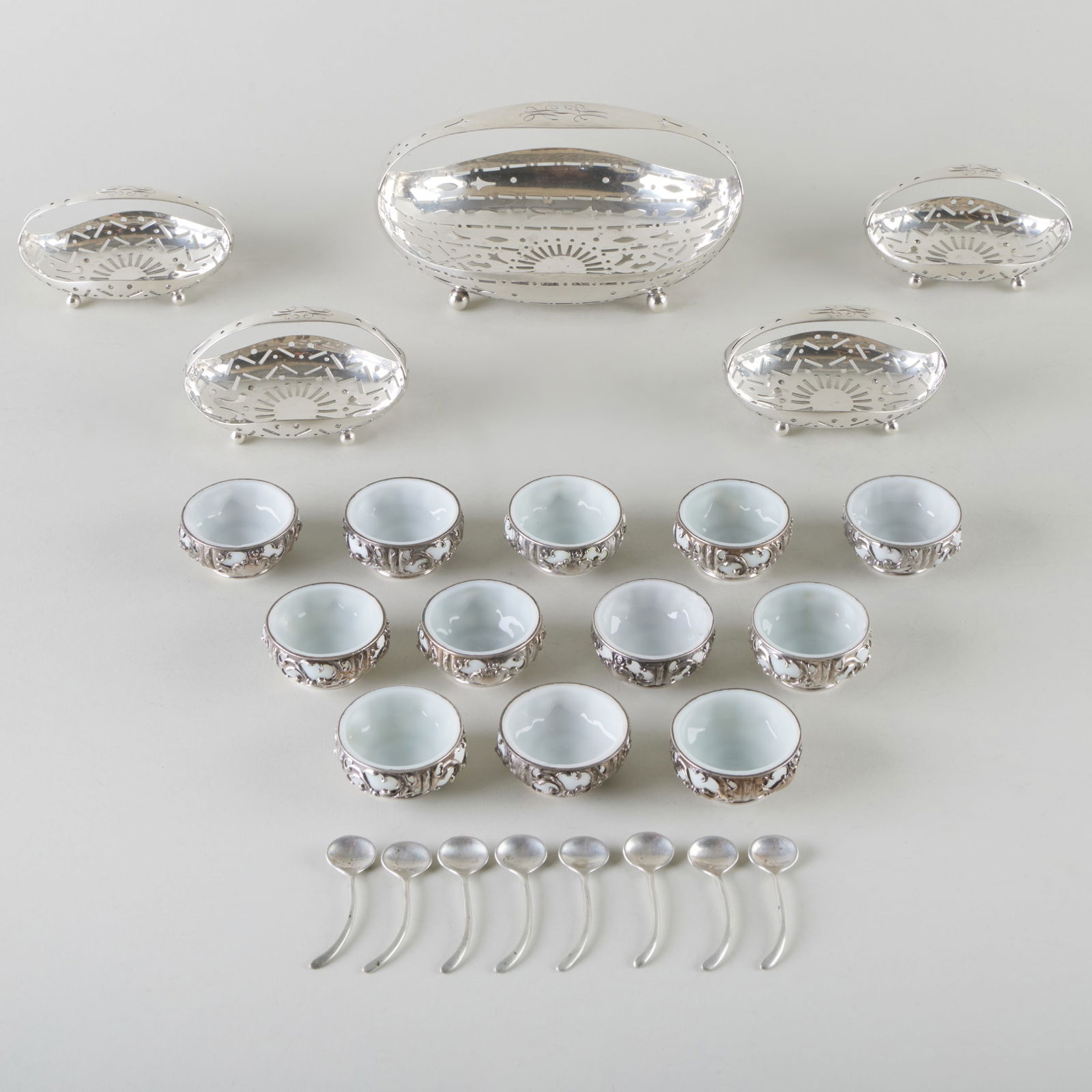 Set of Twelve Whiting Silver Mounted Glass Salt Cellars and a Set of Five Gorham Silver Nut Dishes (1 of 20)