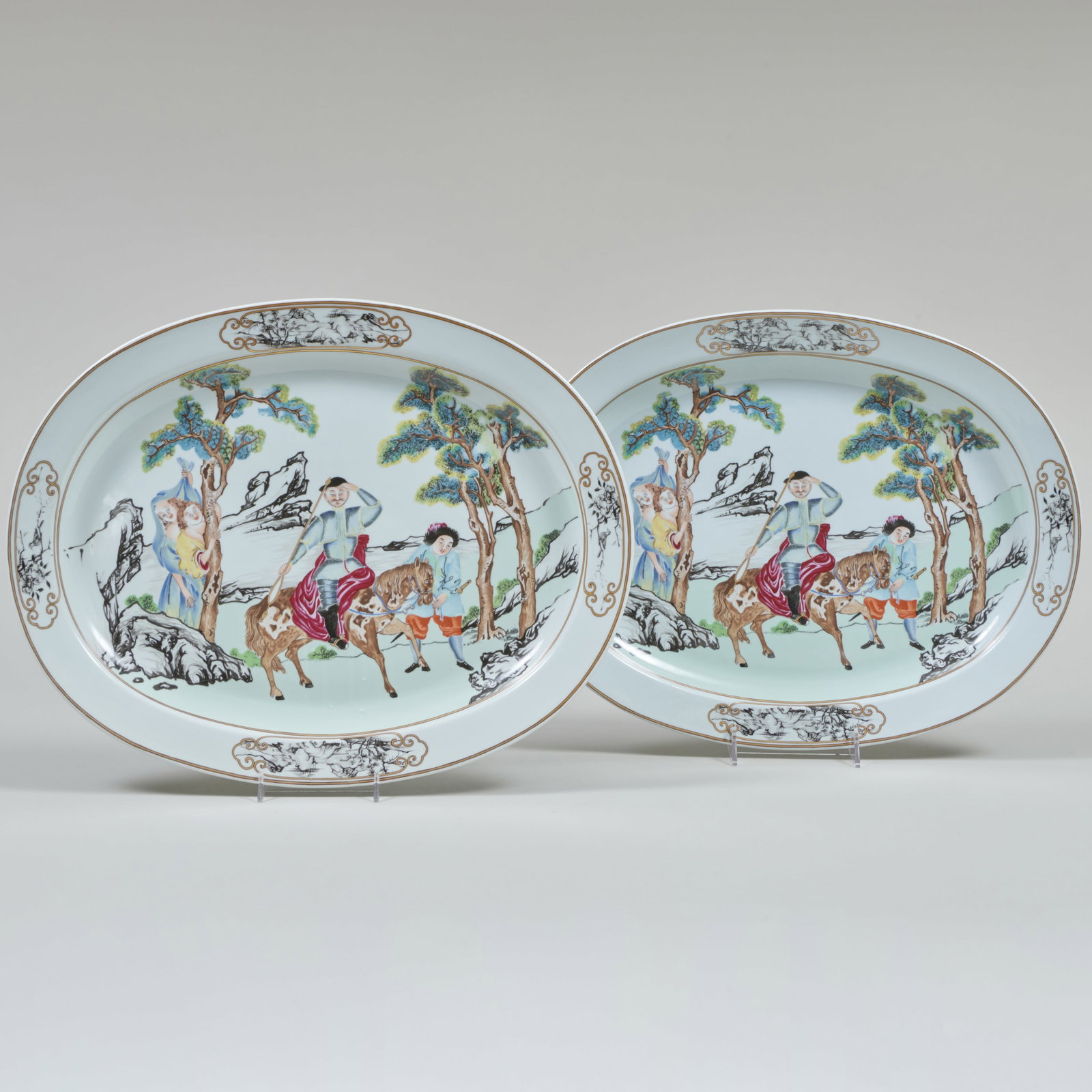 Pair of Mottahedeh Chinese Export Style Porcelain Platters: Pair of Mottahedeh Chinese Export Style Porcelain Platters Printed mark. 17 3/8 x 13 1/2 in. Property from the Estate of Carolyn Pesnell Amory, New York