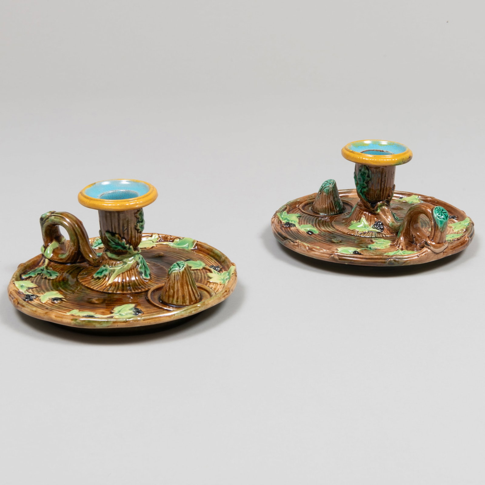 Pair of George Jones Majolica Chamber Sticks: Pair of George Jones Majolica Chamber Sticks Impressed mark. 3 x 6 in. diam.