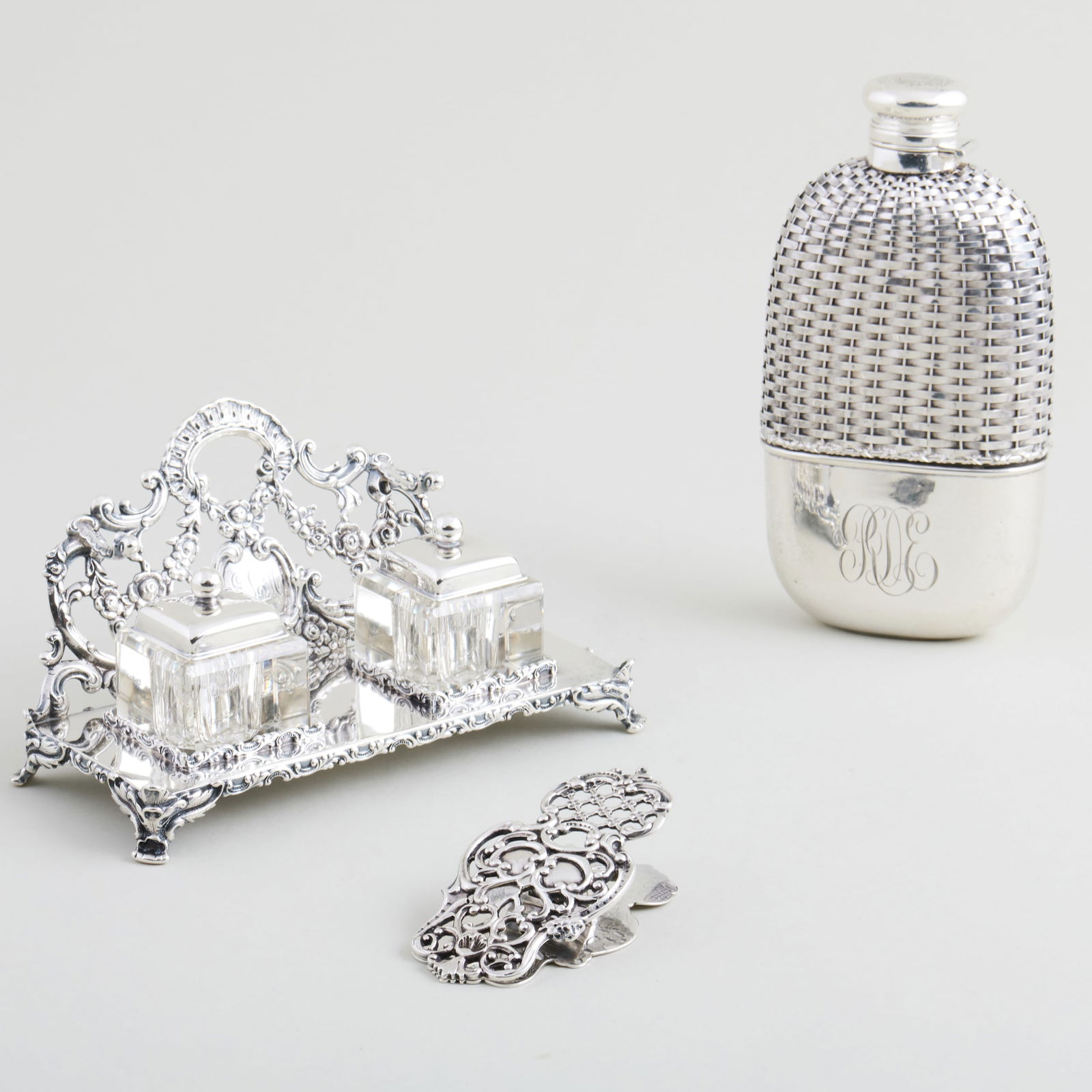 Gorham Silver Mounted Glass Flask, an American Silver Inkstand and a Letter Clip (1 of 20)
