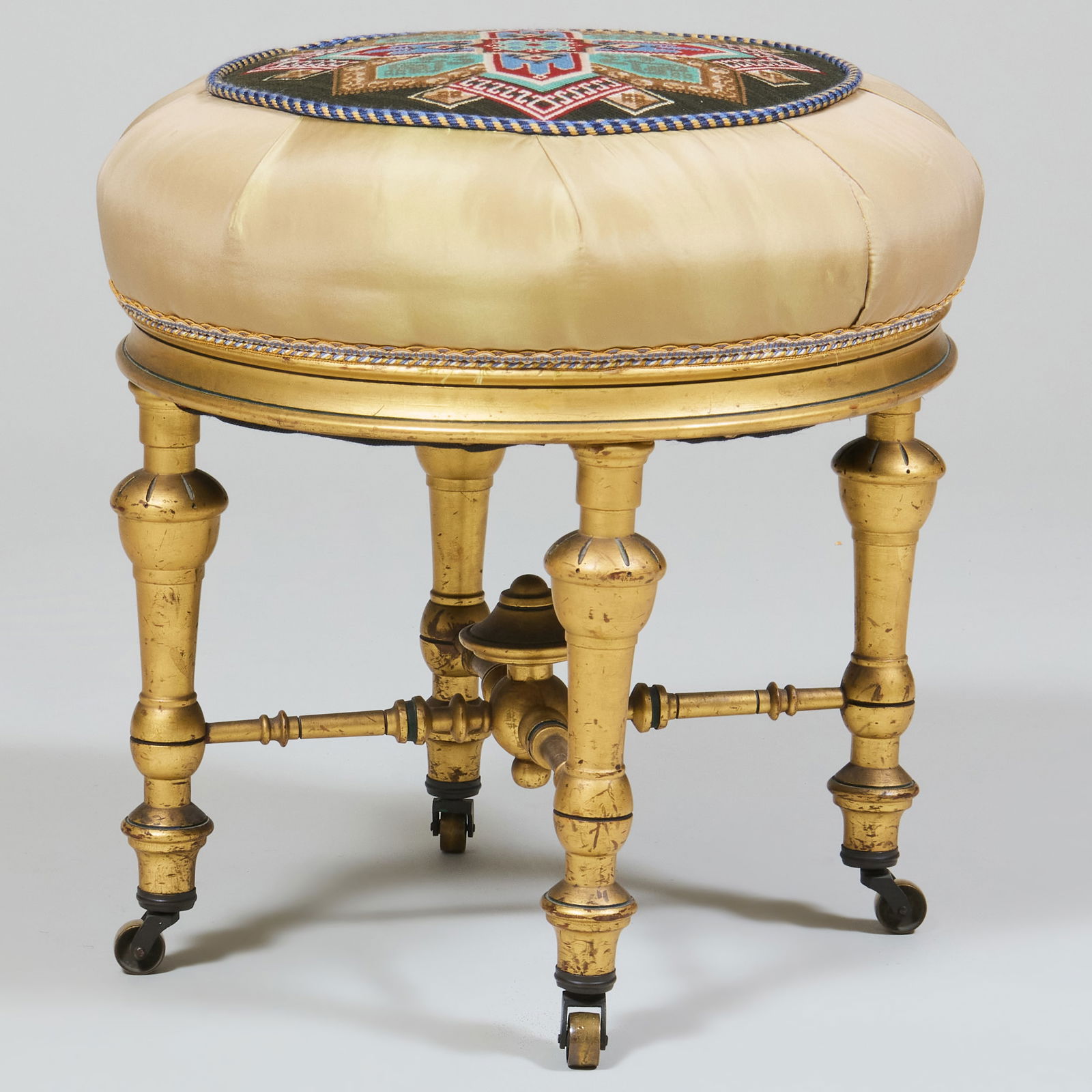 Victorian Giltwood Stool with Needlepoint and Satin Upholstery (1 of 7)