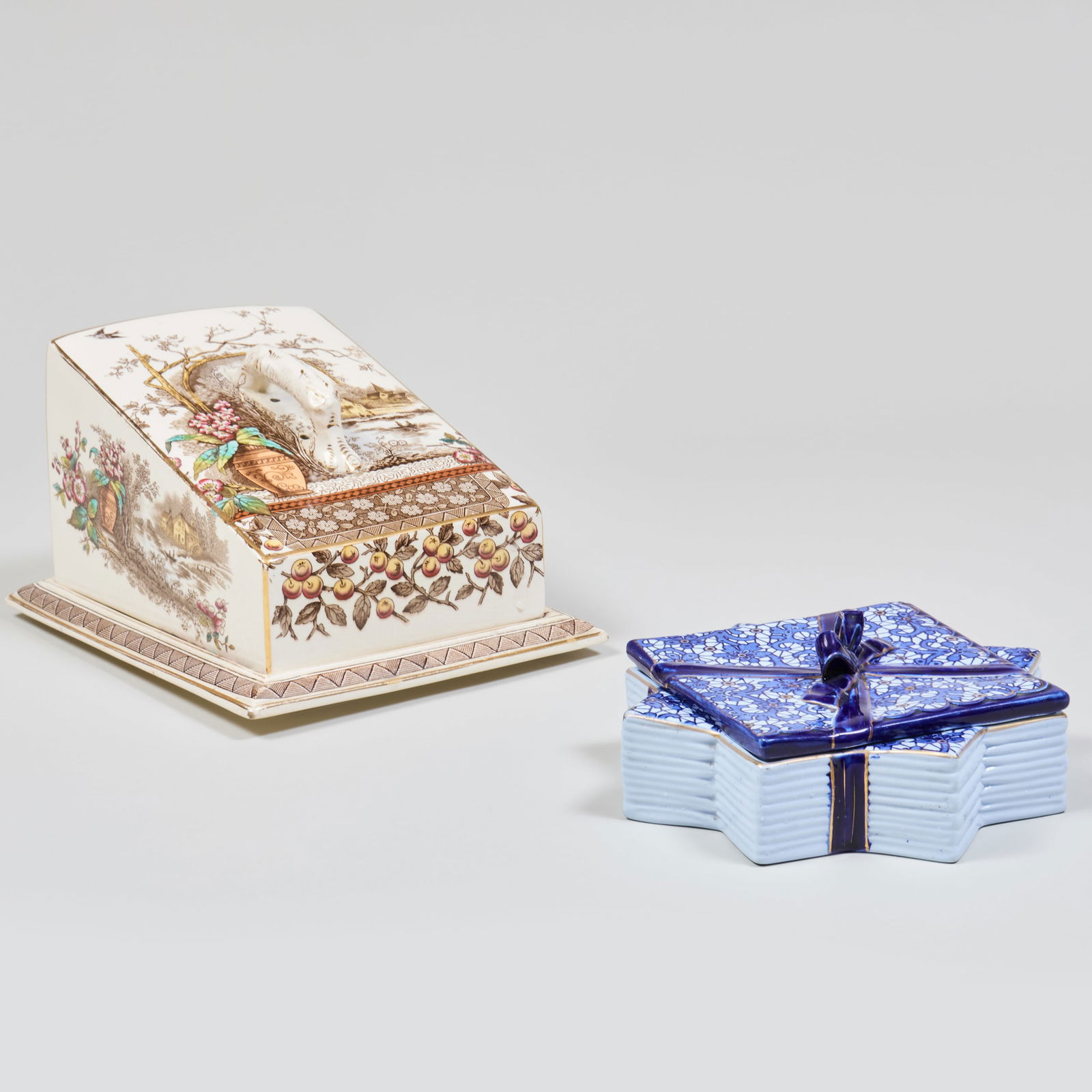 English Aesthetic Movement Transfer Printed Cheese Keeper and a Saugermines Majolica Tromp l'oeil (1 of 14)