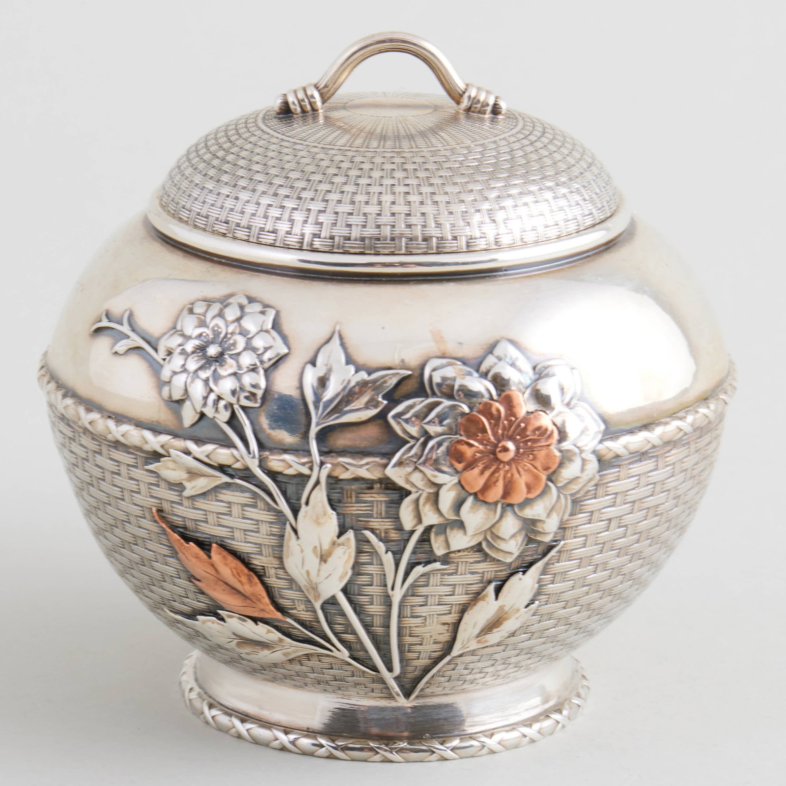 Whiting Manufacturing Co. Silver and Mixed Metal Basket Weave Sugar Bowl and Cover (1 of 8)