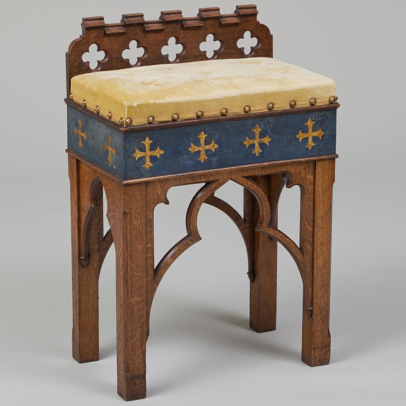 Gothic Revival Carved Oak, Ebonized and Parcel-Gilt Upholstered Organ Stool: Gothic Revival Carved Oak, Ebonized and Parcel-Gilt Upholstered Organ Stool 30 3/4x 20 1/4 x 12 1/4 in. Mallett, London, June 1996. The Collection of Ann and Gordon Getty.