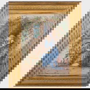 Walter Satterlee (1844-1908): Margueritte, in Fine Aesthetic Movement Gilt Frame: Walter Satterlee (1844-1908): Margueritte, in Fine Aesthetic Movement Gilt Frame Watercolor and gouache on paper, signed 'W. Satterlee' lower right. 25 x 19 in. (sight), 34 x 29 in. (frame).