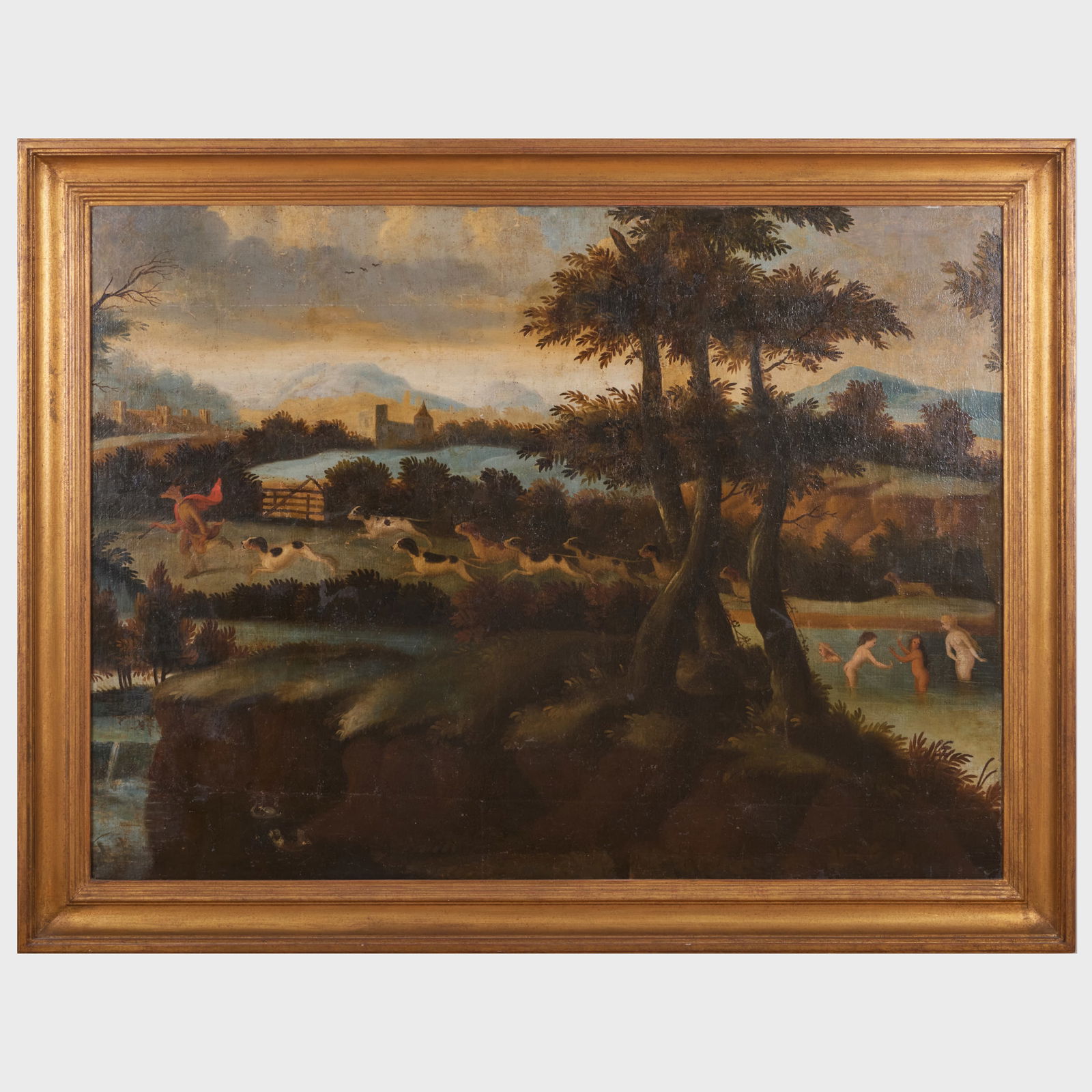 Continental School: Actaeon Encountering Diana : Continental School: Actaeon Encountering Diana Oil on canvas, unsigned, lined. 39 1/4 x 52 1/4 in., 46 x 59 1/4 in. (frame). From a Private Collection.