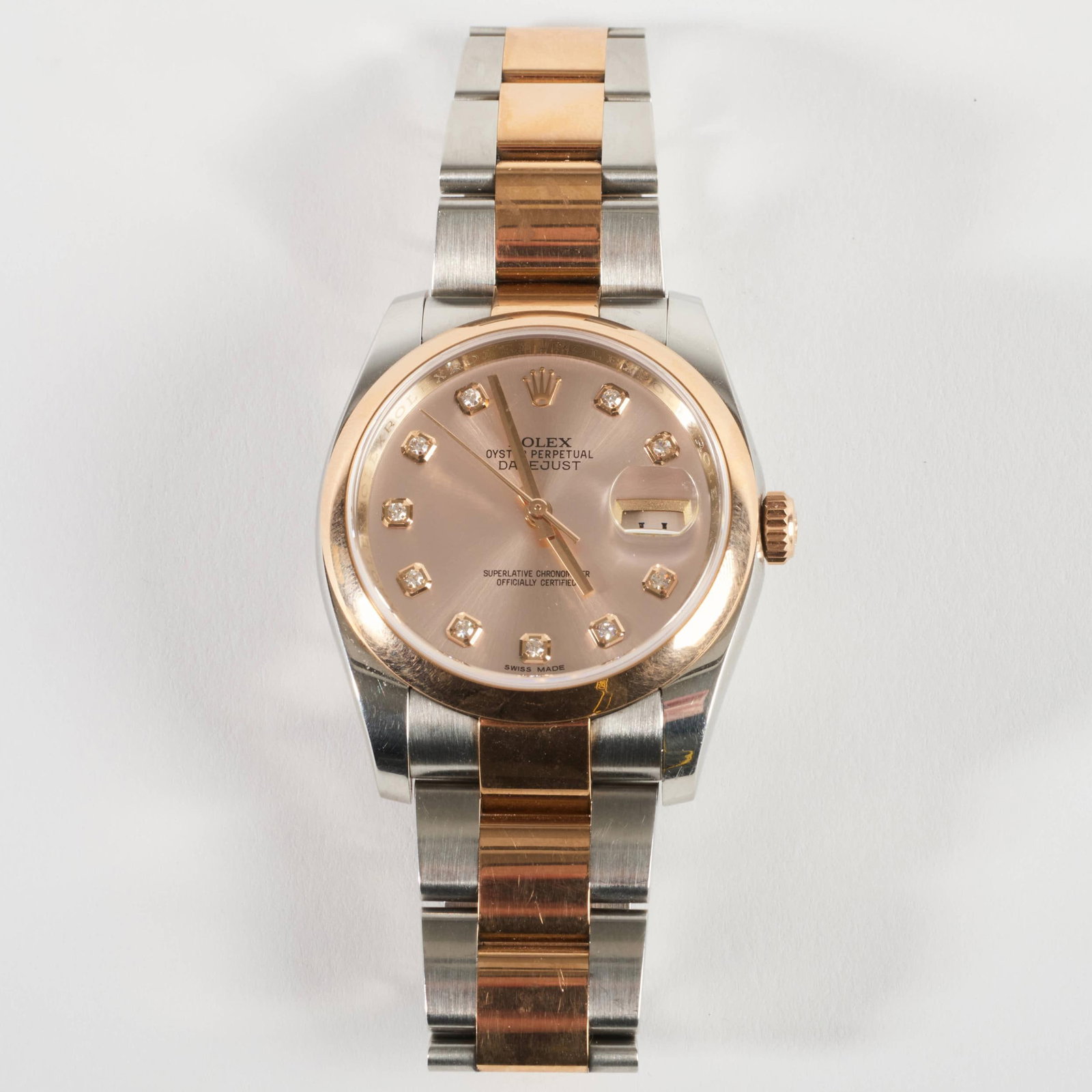 Rolex Rolesor Everose Oyster Stainless Steel and Pink Diamond Wristwatch: Rolex Rolesor Everose Oyster Stainless Steel and Pink Diamond Wristwatch Model M116201-0081, serial F8112715.