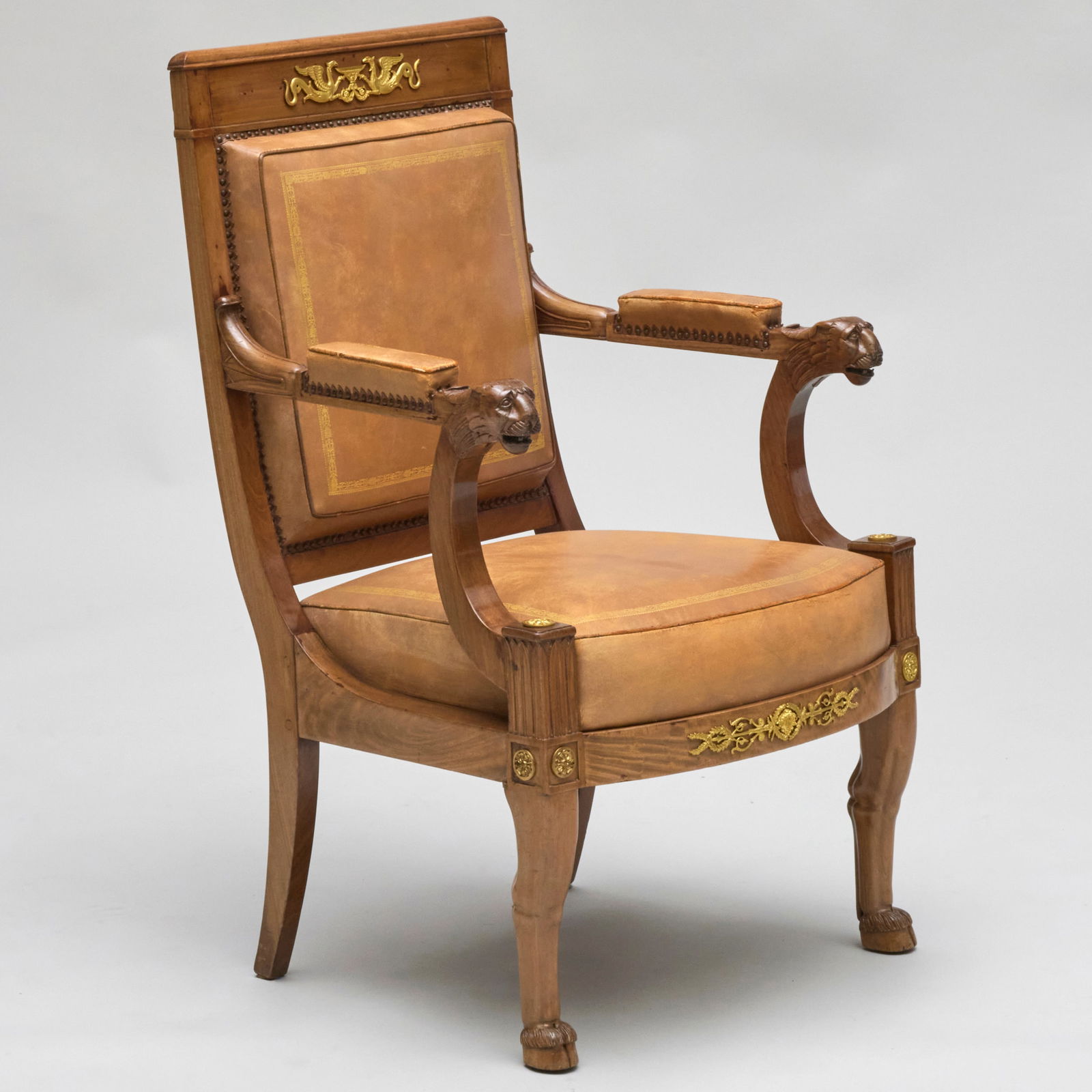 Fine Empire Ormolu-Mounted Mahogany Fauteuil de Bureau, Signed Jacob Freres, rue de Meslee: Fine Empire Ormolu-Mounted Mahogany Fauteuil de Bureau, Signed Jacob Freres, rue de Meslee Jacob Freres was the stamp used by the brothers Georges II (1768-1803) and Francois-Honore Jacob (1770-1841)