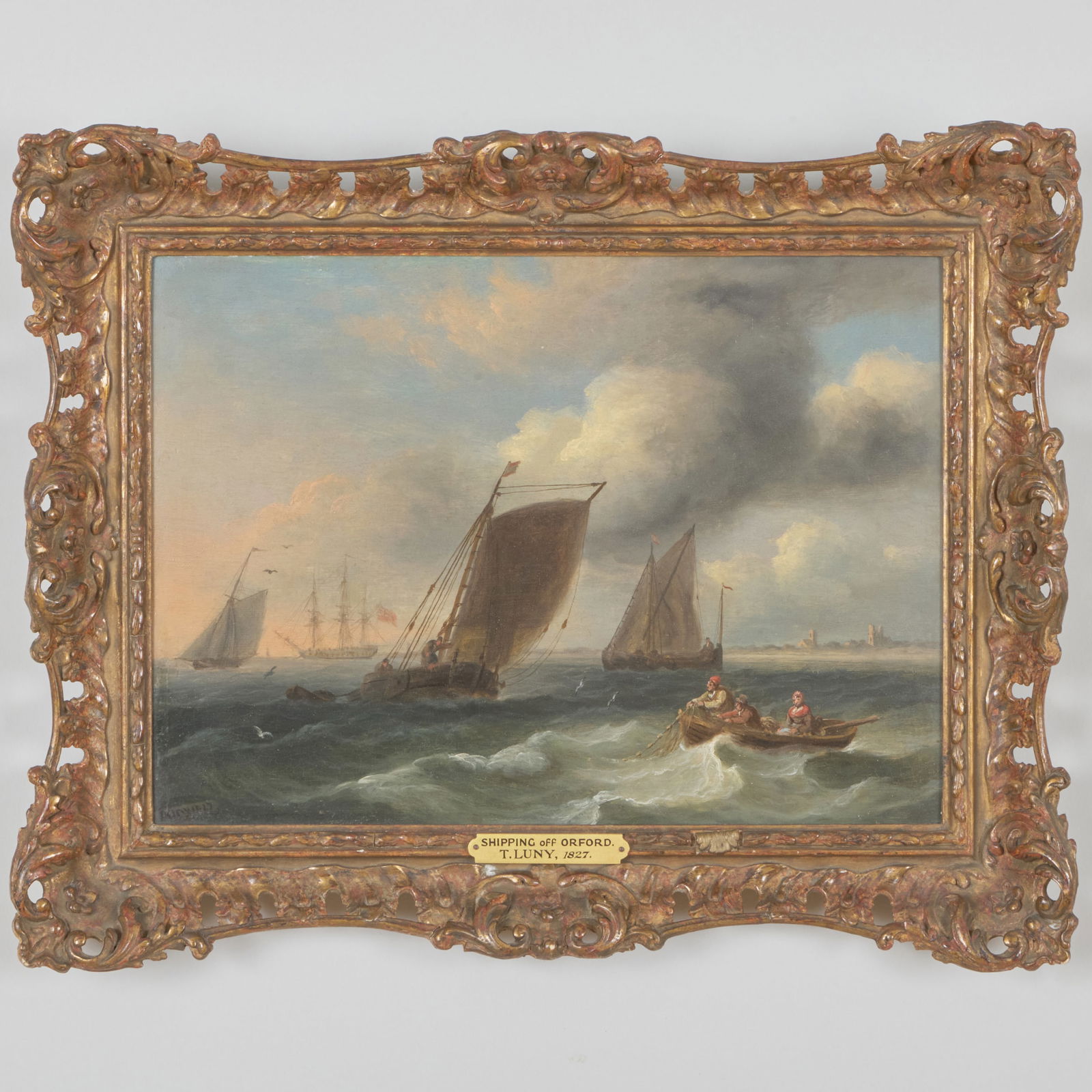 Thomas Luny (1758-1837): Shipping Off Orford: Thomas Luny (1758-1837): Shipping Off Orford Oil on board, 1827, signed 'Luny' and dated lower left, inscribed 'Orford Church & Castle' on the reverse in another hand (?), with label from The Parker