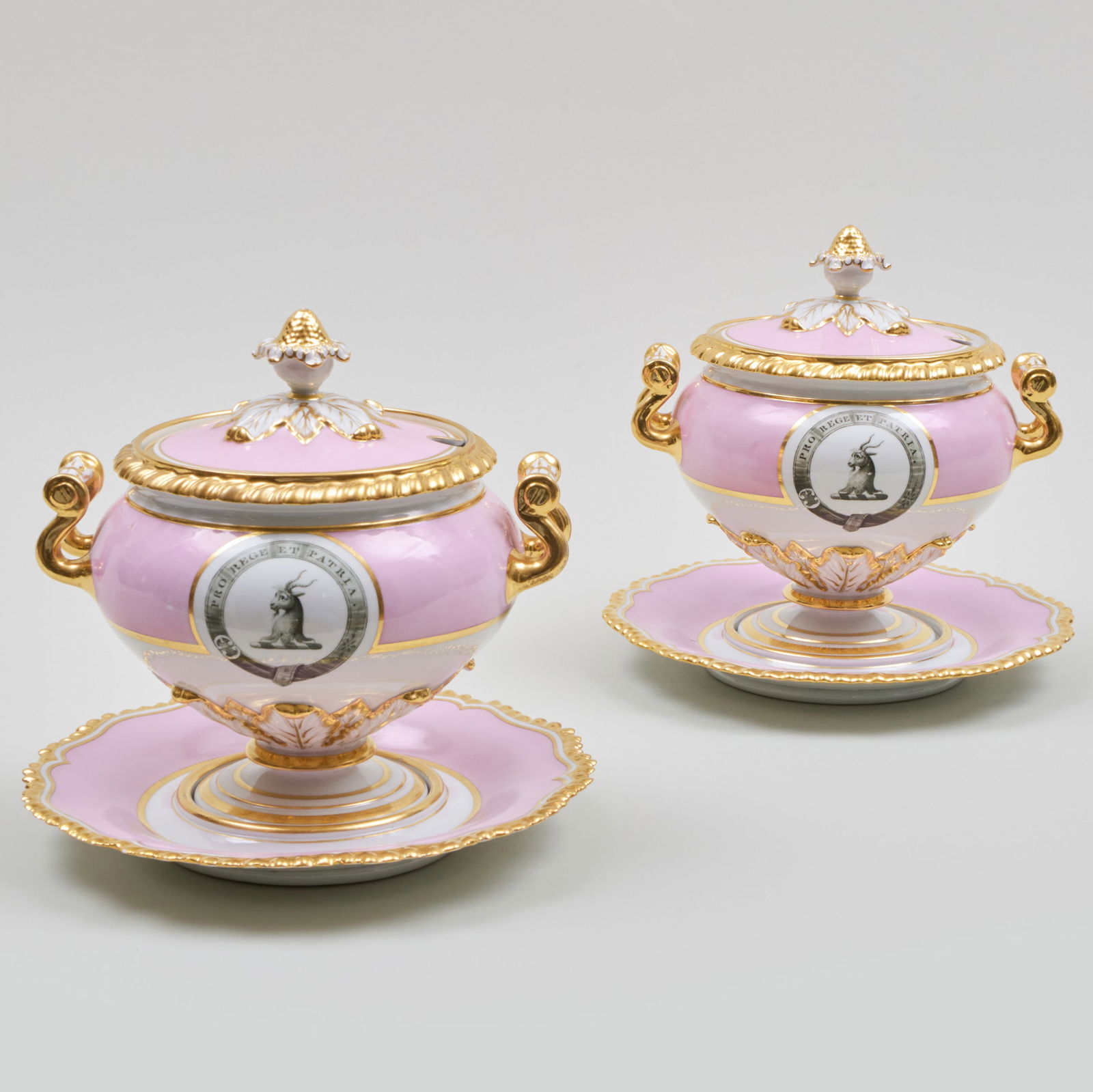 Pair of Flight, Barr & Barr Pink Ground Porcelain Armorial Sauce Tureens, Covers and Stands (1 of 13)