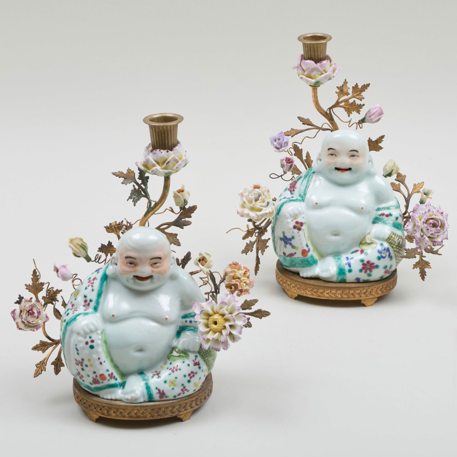 Pair of Chinese Porcelain Figures of Buddha Mounted as Candlesticks (1 of 7)