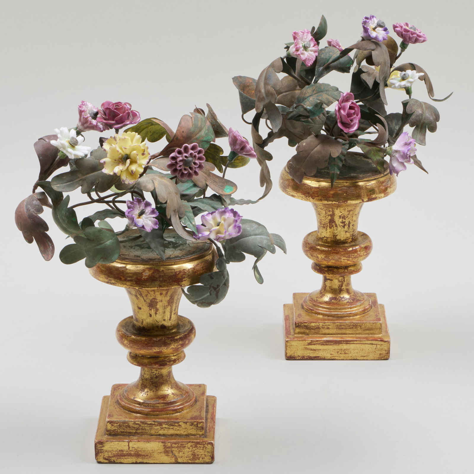 Pair of Continental Tole and Porcelain Flowers Mounted in Giltwood Vases (1 of 5)
