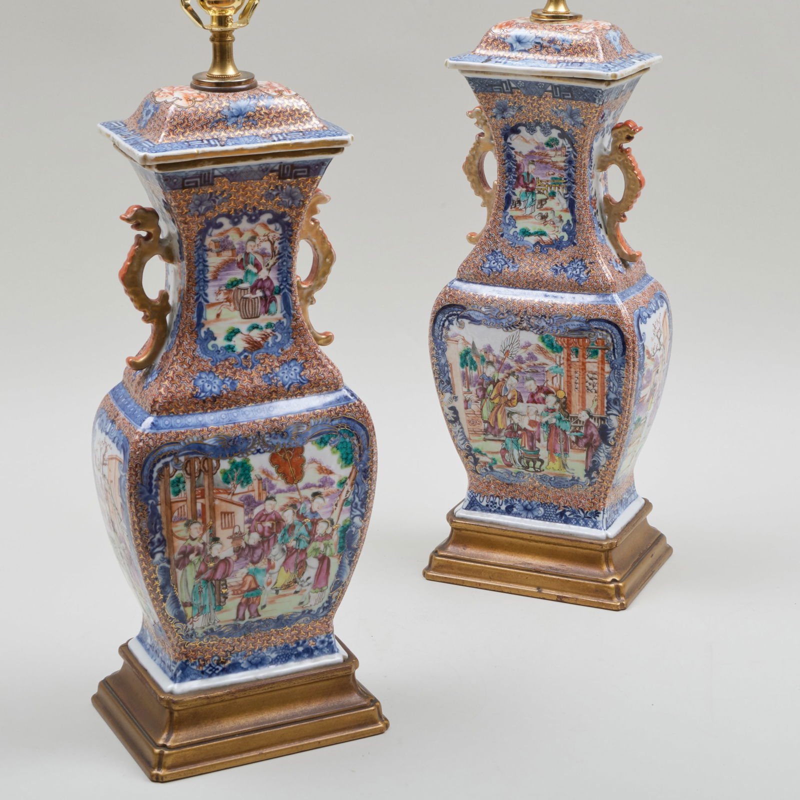 Pair of Chinese Export Mandarin Palette Vases and Covers Mounted as Lamps (1 of 7)