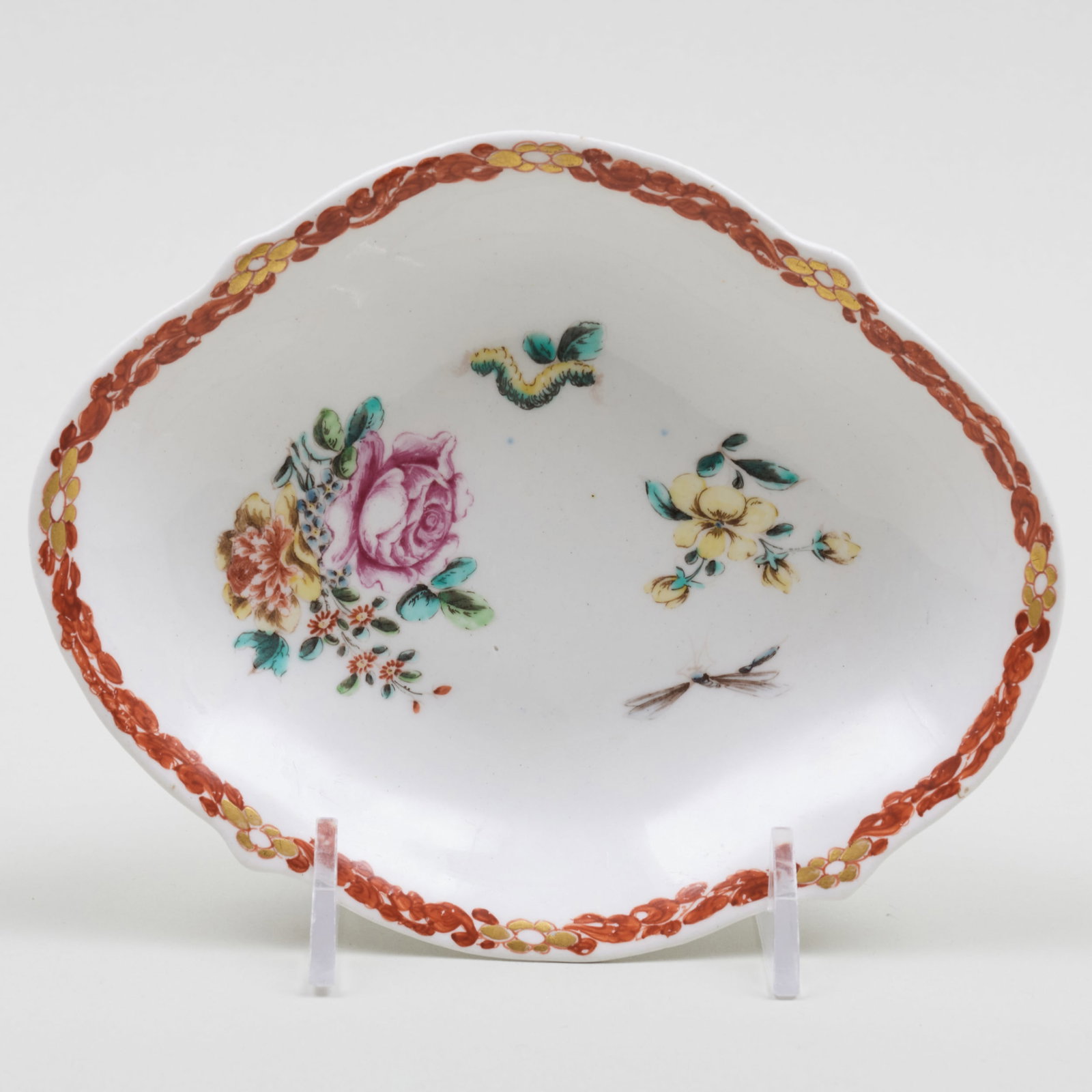 Bow Porcelain Oval Spoon Tray: Bow Porcelain Oval Spoon Tray Painted by James Welsh. 4 3/4 x 5 7/8 in. Note: The identification of porcelains painted by James Welsh begins with the documentary inkwell signed on the foot Ja Welsh, n