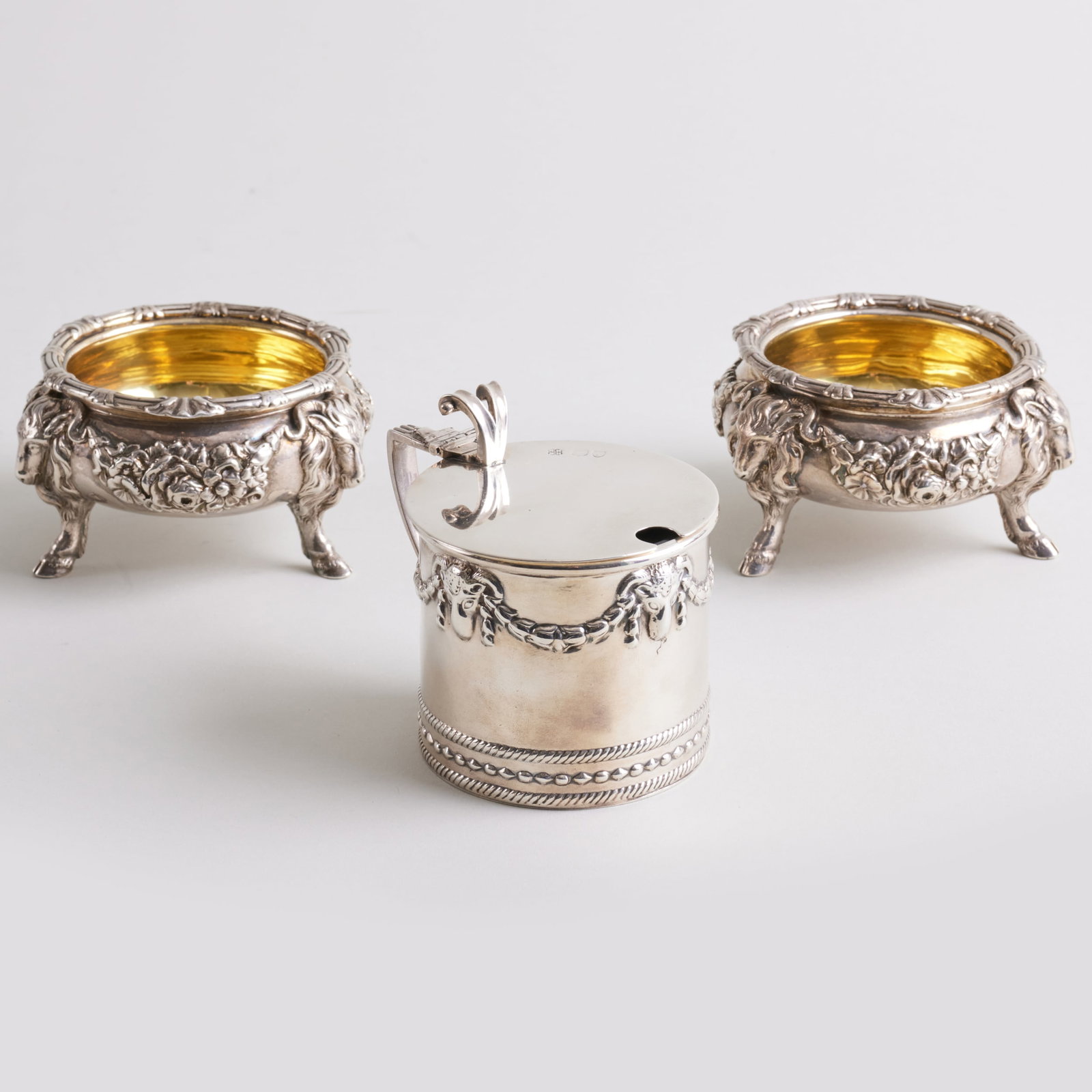 Pair of George II Silver Salt Cellars and a Silver Mustard Pot (1 of 14)