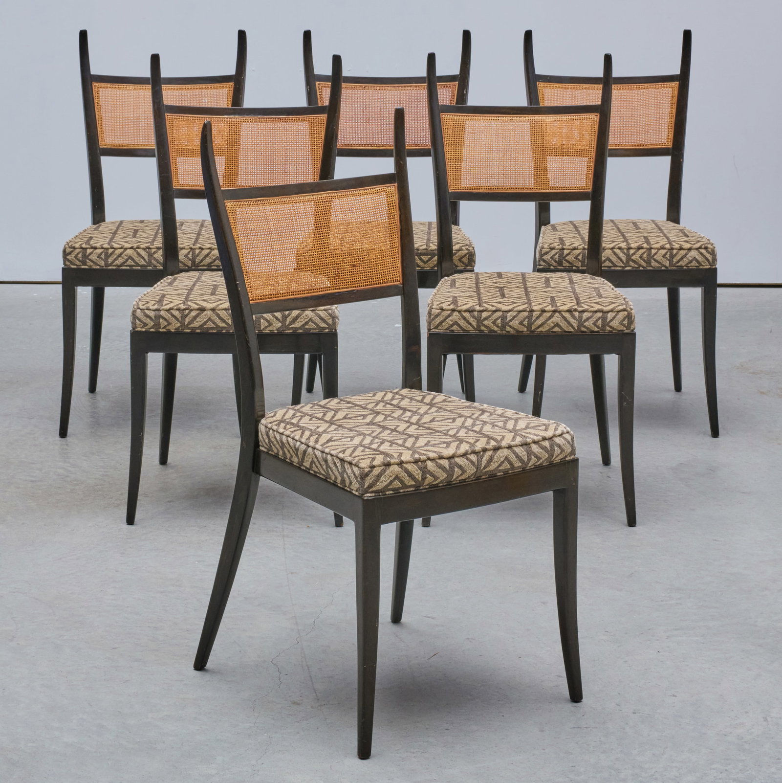 Group of Six Modern Ebonized, Caned and Upholstered Dining Chairs (1 of 10)