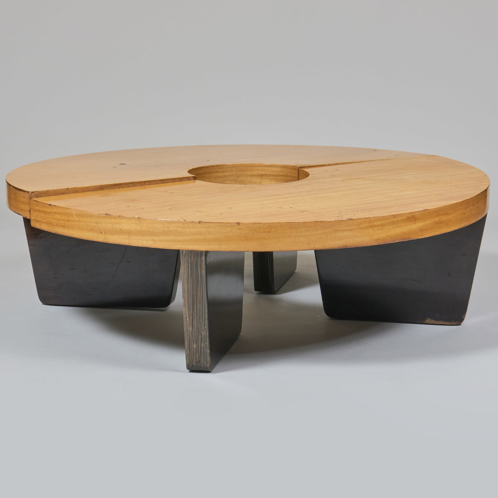 Harvey Probber Bleached Mahogany and Ebonized Atomic Table: Harvey Probber Bleached Mahogany and Ebonized Atomic Table 14 1/2 x 47 1/2 in. diam.