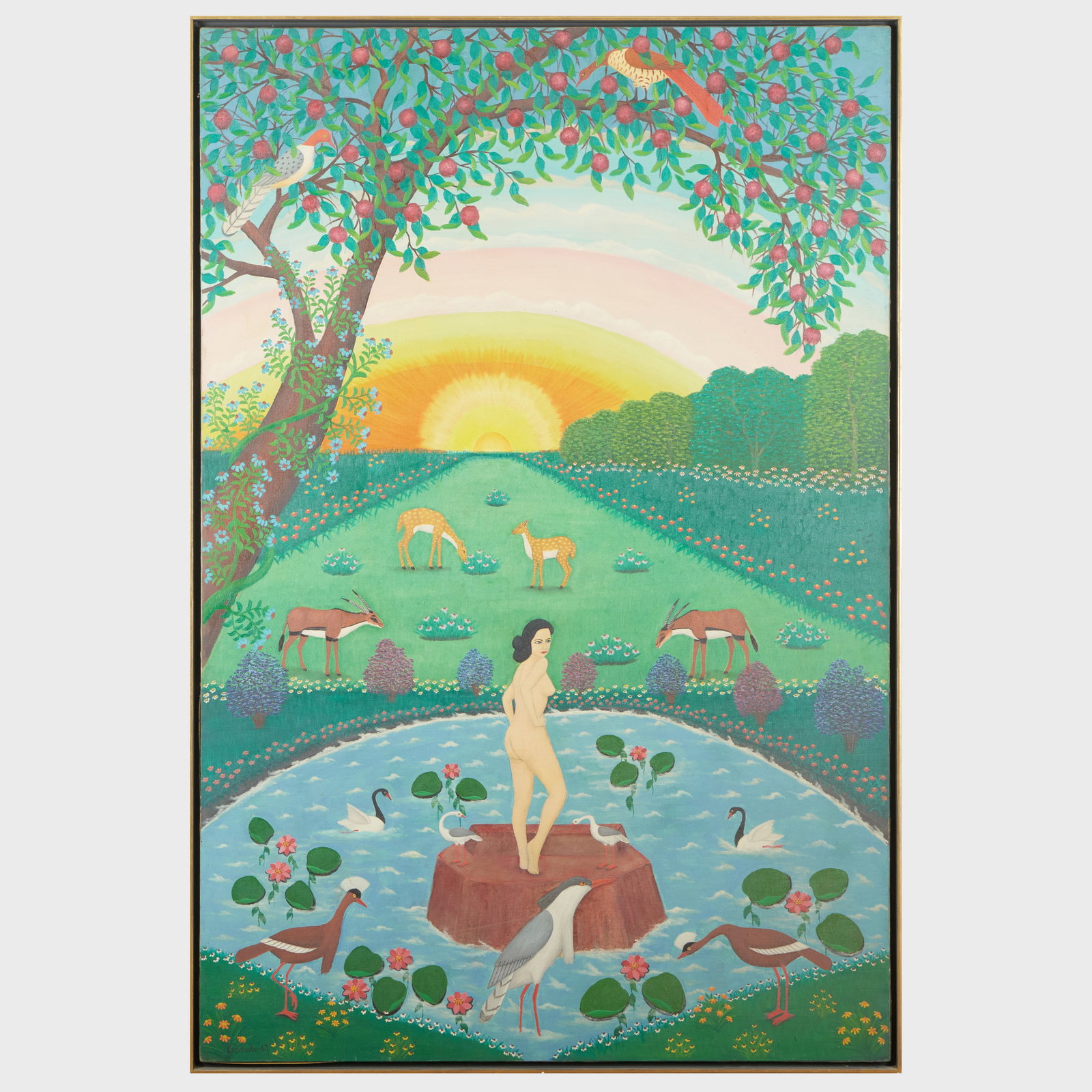 Lawrence H. Lebduska (1894-1966): Nude in Paradise with Rainbow (Portrait of Elizabeth Fehr): Lawrence H. Lebduska (1894-1966): Nude in Paradise with Rainbow (Portrait of Elizabeth Fehr) Oil on canvas, 1963, signed 'Lebduska' and dated lower left. 59 x 39 in., 61 1/2 x 41 1/2 in. (frame). The 