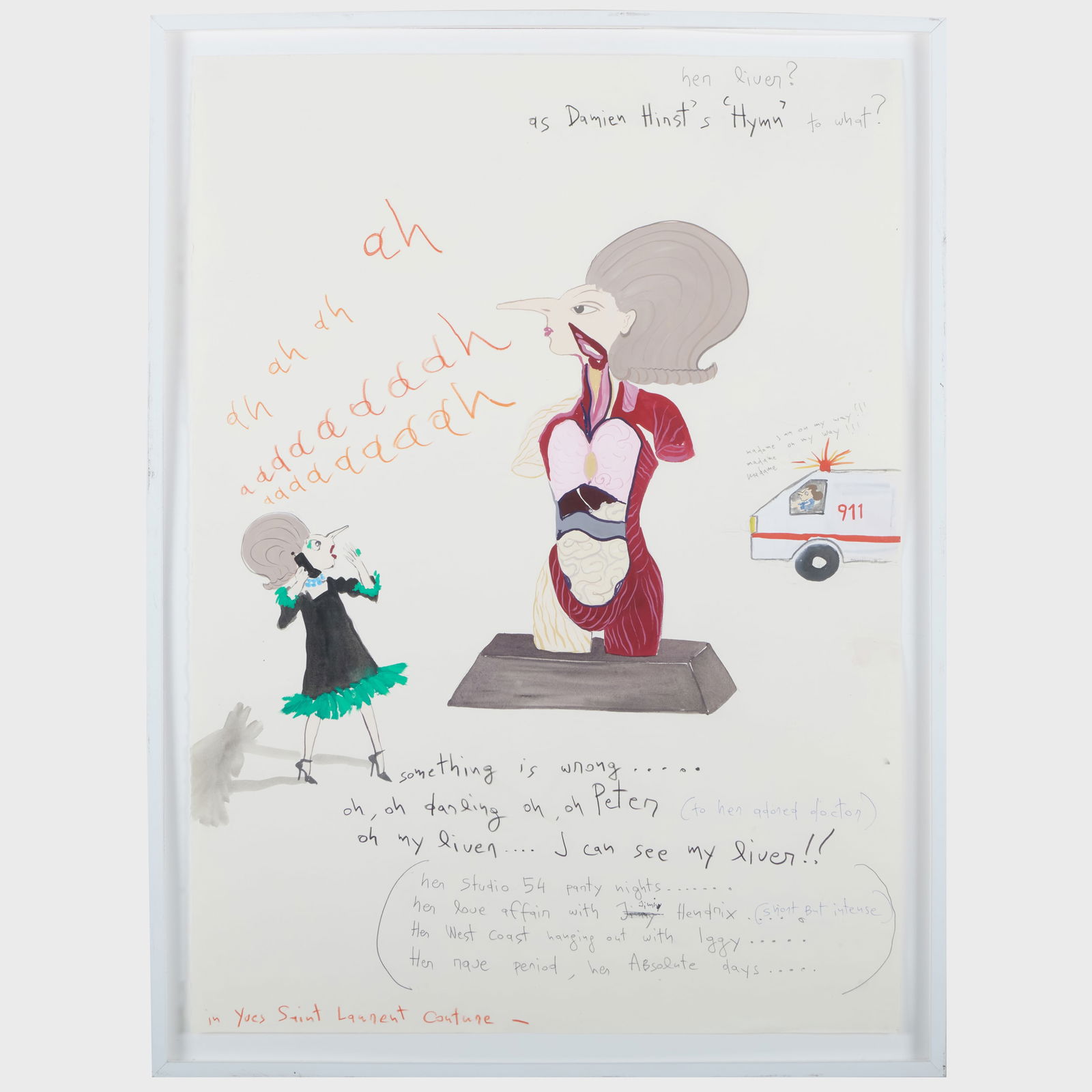 Konstantin Kakanias (b. 1961): as Damien Hirst's "Hymn" to what?: Konstantin Kakanias (b. 1961): as Damien Hirst's "Hymn" to what? Pencil, ink and gouache on paper, 2001, unsigned, with label from Paul Kasmin Gallery, NY. 32 3/4 x 23 3/4 in. (sheet), 35 1/2 x 26 1/2