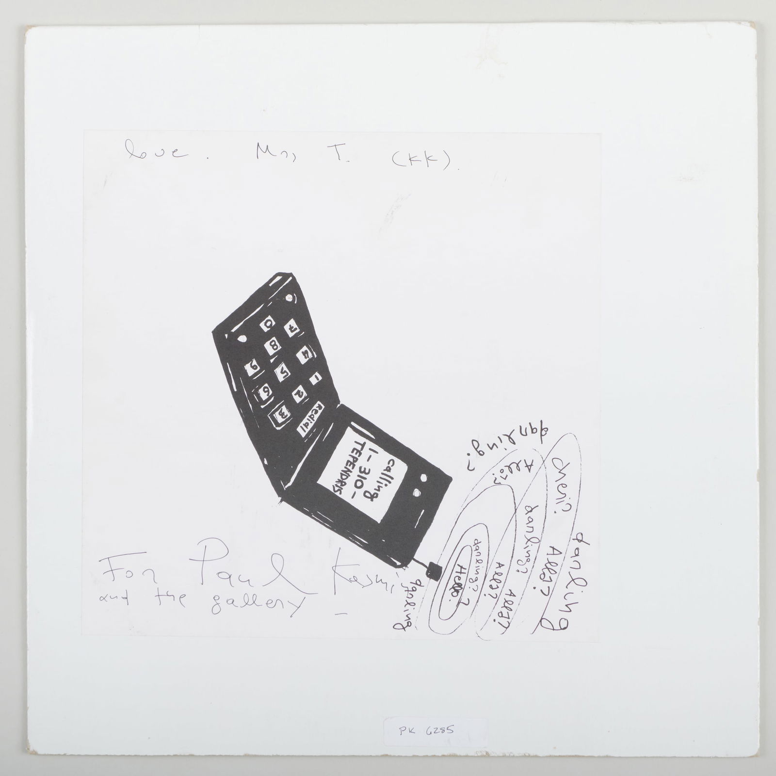 Konstantin Kakanias (b. 1961): Calling 1-310-Tependris: Konstantin Kakanias (b. 1961): Calling 1-310-Tependris Record, 2002, signed and variously inscribed in ink on the cover. 12 1/4 x 12 1/4 in. (cover), unframed. Collection of Paul Kasmin.