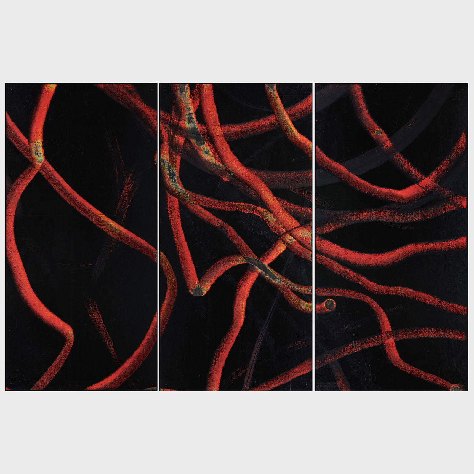 Aaron Young (b. 1972): Greeting Card 3i: Aaron Young (b. 1972): Greeting Card 3i Stained plywood, acrylic and burnt rubber on three panels, 2007, all signed 'Aaron Young' and dated on the reverse. Each panel 96 x 48 in. (with frame). Exhibit