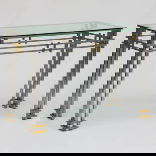 Modern Brass-Mounted Metal and Glass Table: 30 x 42 x 20 in.