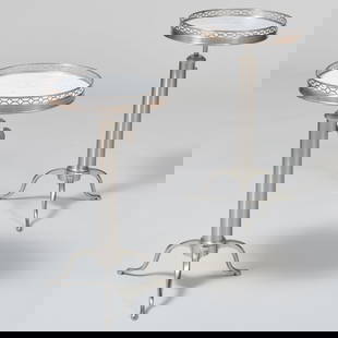 Pair of Modern Brushed Nickel and Marble Retractable Drinks Tables: Pair of Modern Brushed Nickel and Marble Retractable Drinks TablesUnmarked.23 x 12 in. diam.The New York Penthouse of Robert Couturier.