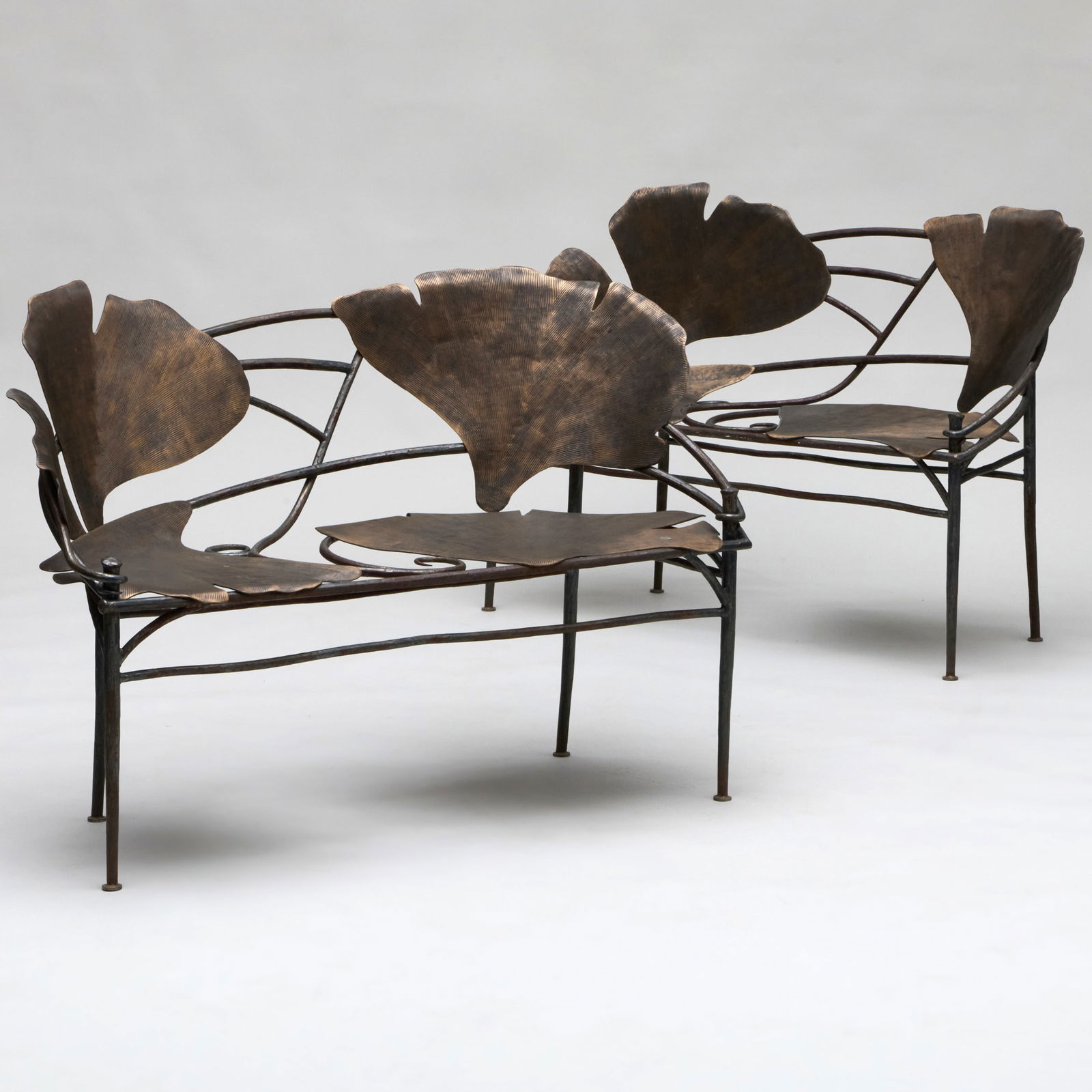 Pair of David DeSantis Bronze Ginko Garden Benches, After a Model by Claude Lalanne: Pair of David DeSantis Bronze Ginko Garden Benches, After a Model by Claude Lalanne 35 3/4 x 4 ft. 3 1/2 in. x 24 1/2 in., seat height 18 in. The New York Penthouse of Robert Couturier.
