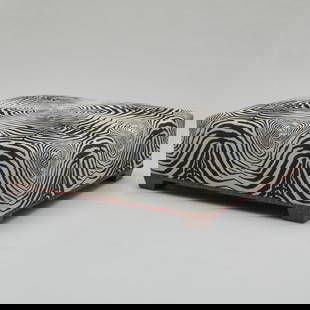 Large Velvet Zebra Upholstered Ottoman: Large Velvet Zebra Upholstered OttomanRaised on mahogany feet with brass studded trim.17 x 4 ft. 5 in. x 4 ft. 5 in.The New York Penthouse of Robert Couturier.