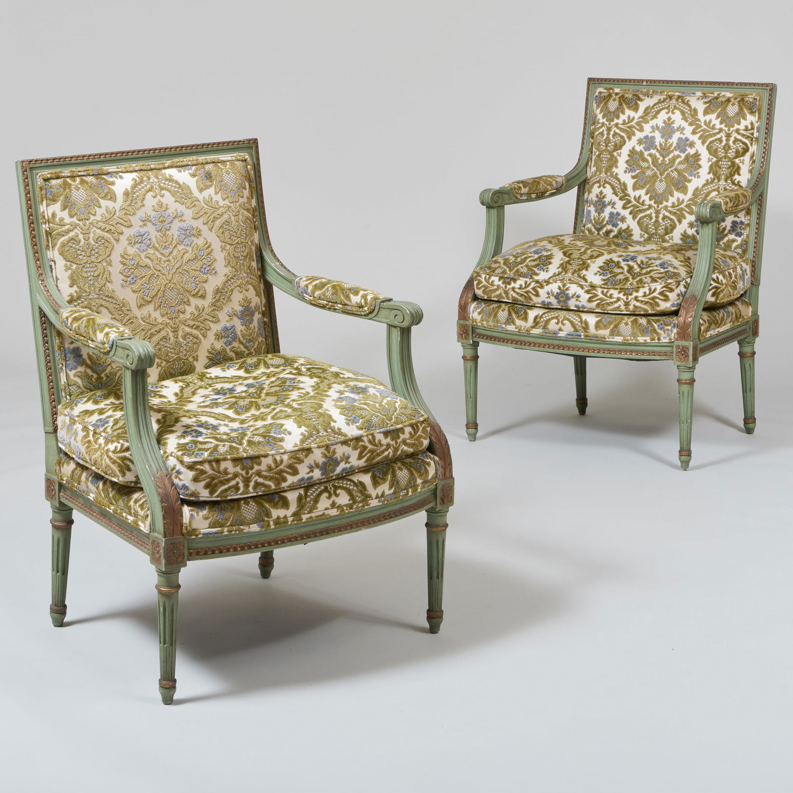 Pair of Louis XVI Style Green Painted and Parcel-Gilt Fauteuils a la Reine (1 of 9)