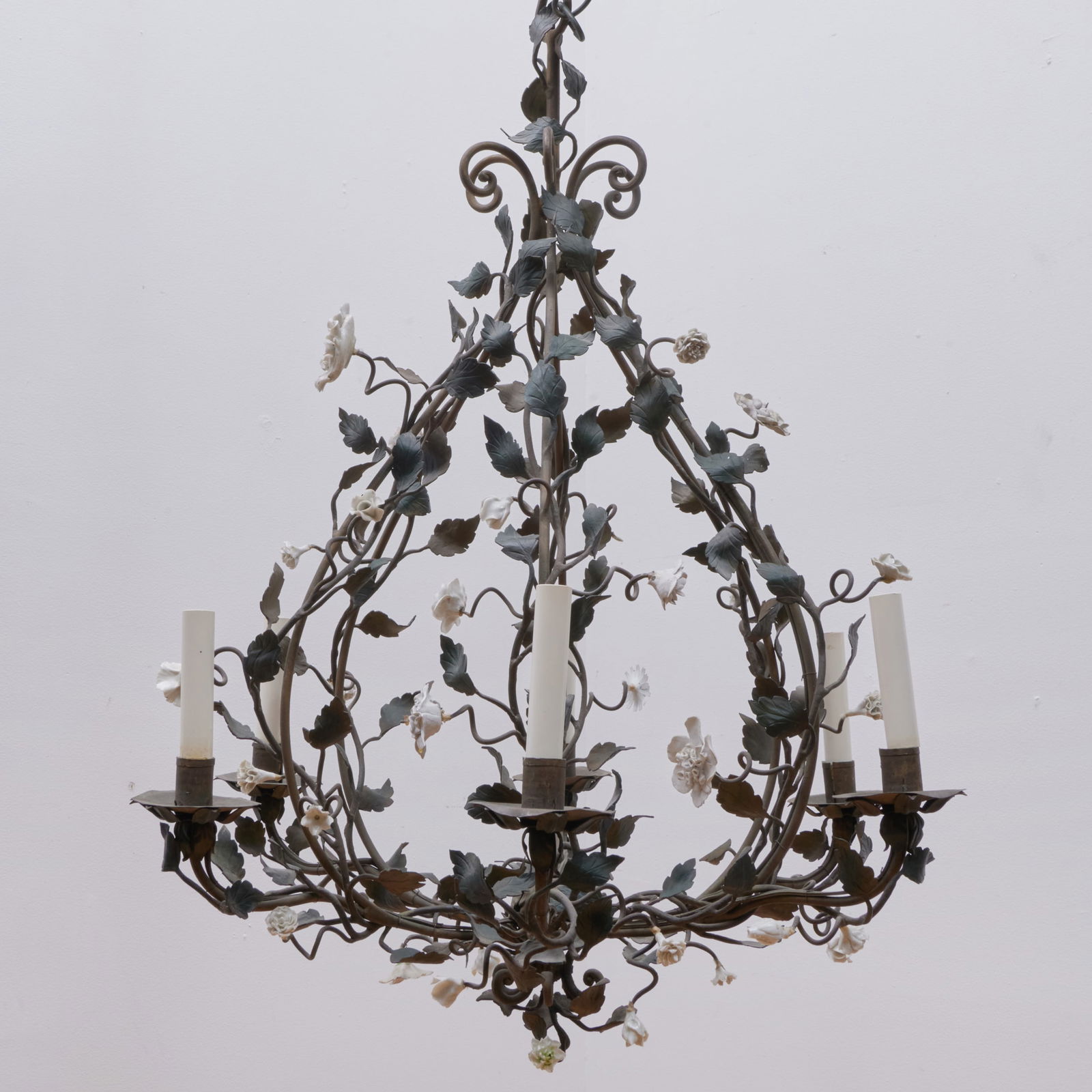 Green Painted Metal, Tole and Porcelain Six-Light Chandelier (1 of 8)